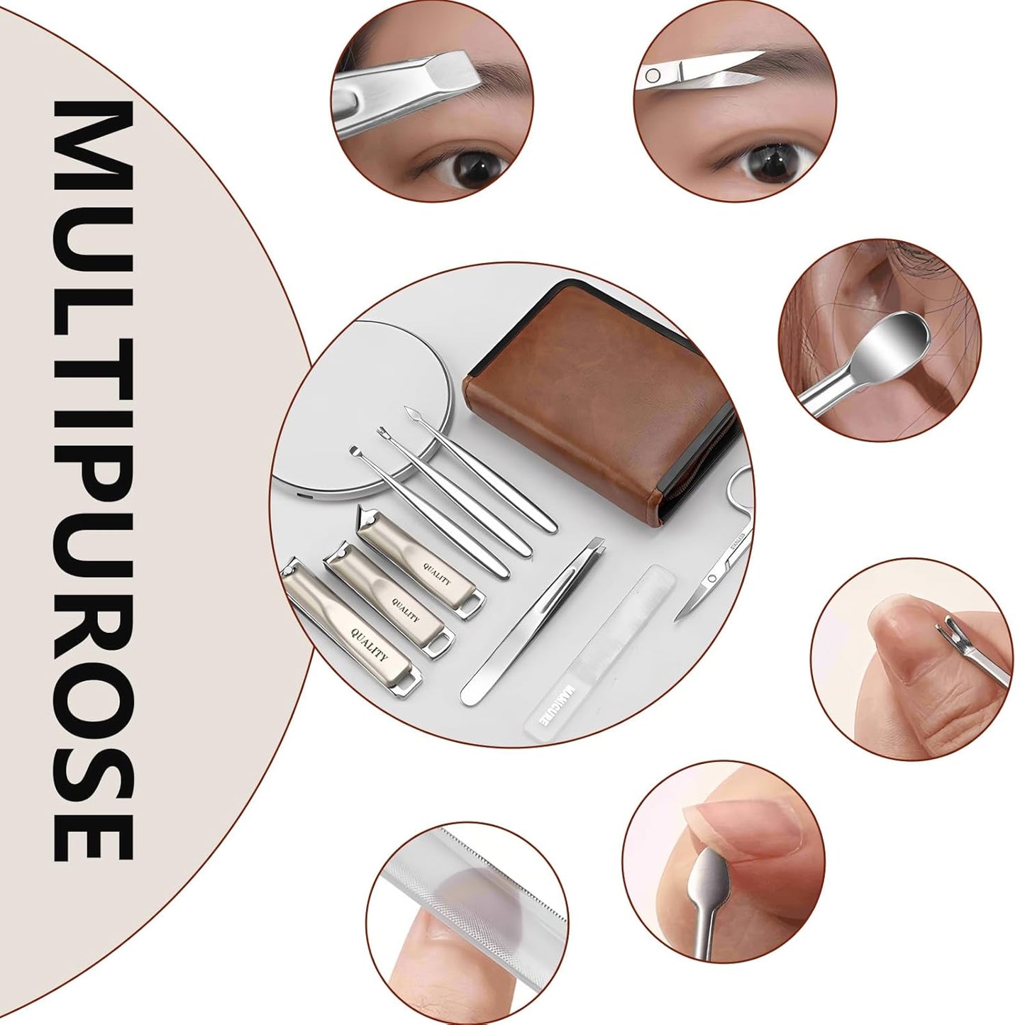 Manicure Set,Travel Mini Nail Clippers Kit, 9 Pieces Stainless Steel Professional Grooming Kits,Manicure Tools,Pedicure Tools for Men,Women,Teens,Father,Mom (Brown)