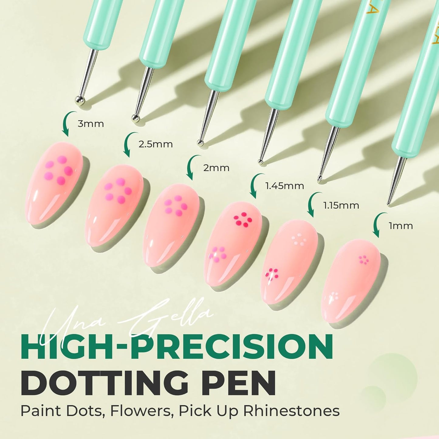 UNA GELLA Nail Art Pens 6PCS Green Color Acrylic Nail Art Design Brush Set with Gel Polish Liner Brushes Double-headed Nail Dotting Tools for DIY Home Salon Manicure Design Supplies