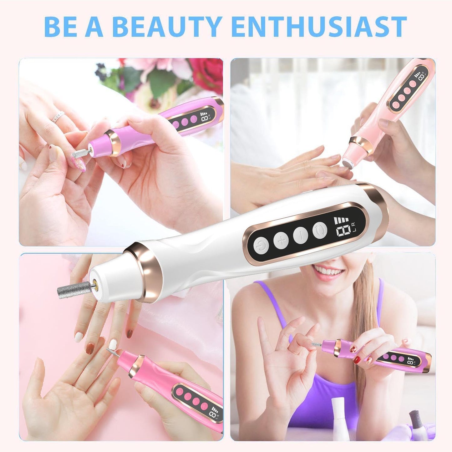 Professional Manicure Pedicure Kit Cordless Electric Nail File Set 6 Speed Cordless Nail Drill for Thick Nail Toenail Cuticle Hand Foot Care Nail Drill Tool(White)
