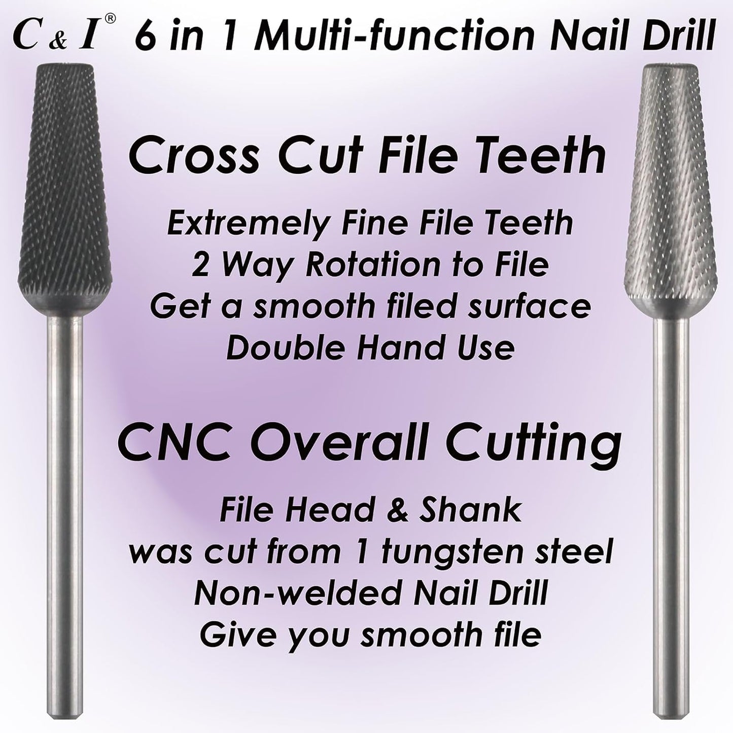 C & I Nail Drill Bit 6 in 1 Multi-function Rounded End E File, Tungsten Steel CNC Overall Cutting, Manicure Tool for Nail Tech Quick Remove Nail Gels, Acrylic Nails (Original, Fine -F)