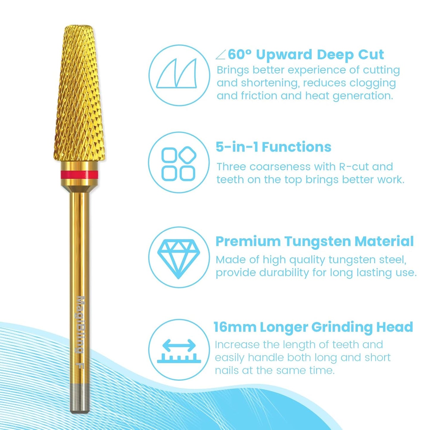 Super Cut 5 In 1 Nail Drill Bits,Tapered 3/32'' Safety Tungsten Bits, Upward Cut for Hard Gel Removal, Right Hand Use, Manicure Cuticle Gel Polishing, Technicians Bits, Gold, Fine.