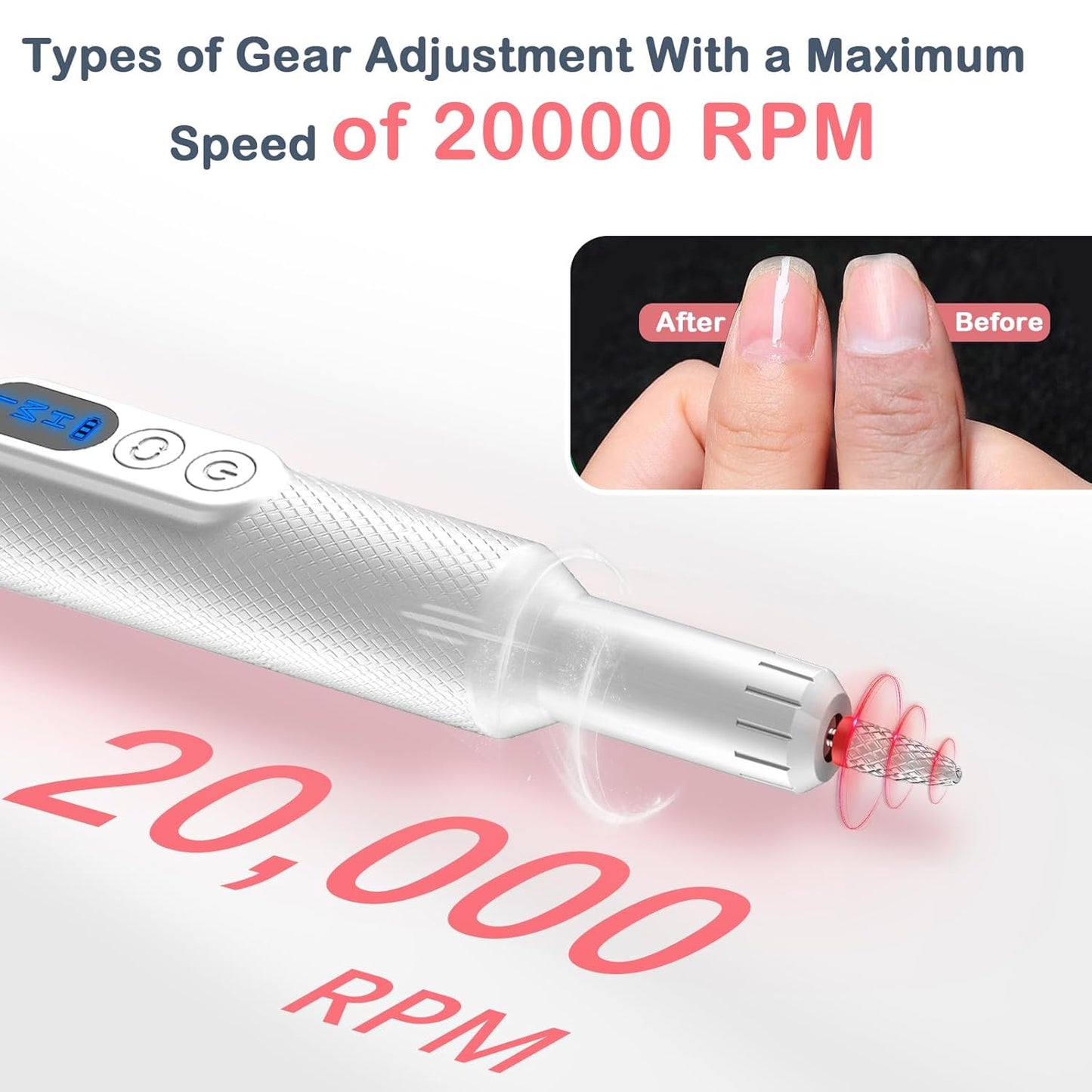Portable Electric Nail Drills,Professional Nail Drill File Kit for Acrylic,Manicure and Pedicure Sets for Grinding,polishing and Trimming,Rechargeable Pedestal Nail Polisher. White