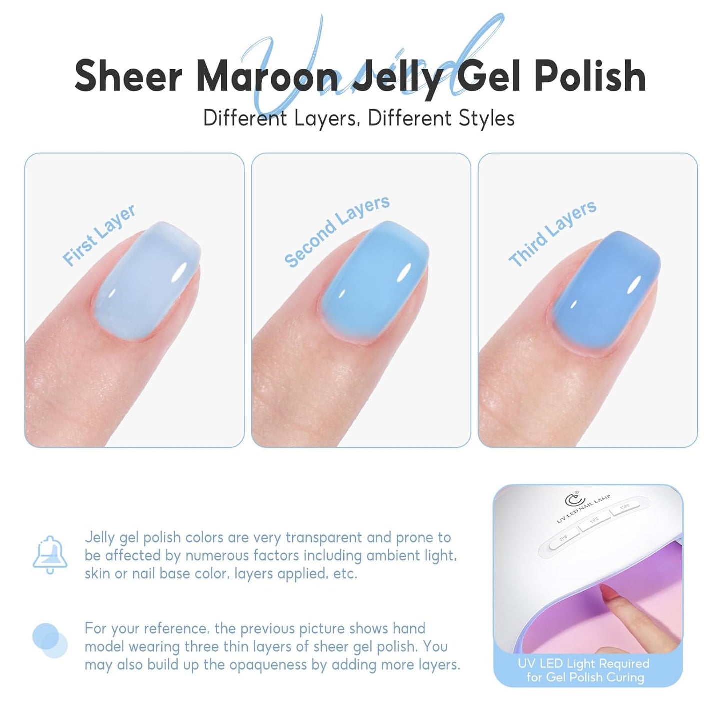 PEACECOLOR Blue Jelly Gel Polish Set, 10ML Transparent Clear Light Blue Collection 6 Colors Jelly Gel Nail Polish Kit for Beginners All Season Home Salon DIY Nail Art Design Gifts for Women