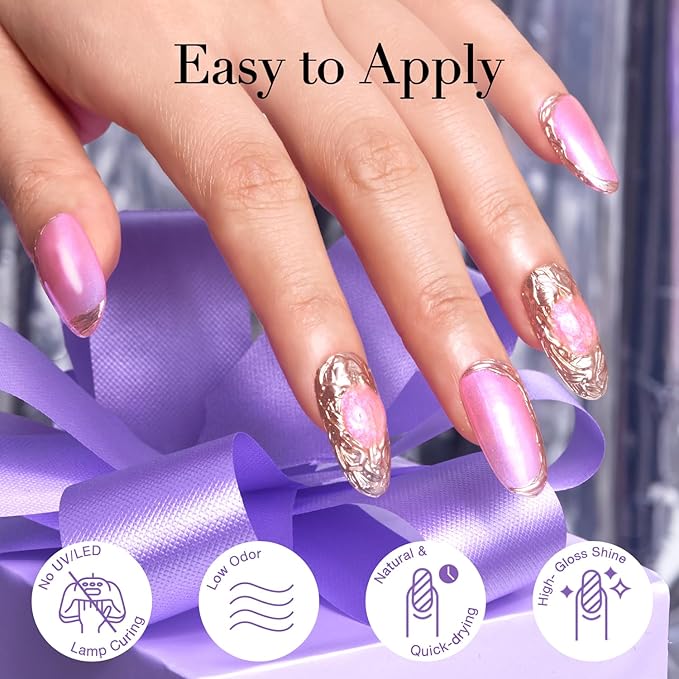 AZUREBEAUTY Nail Polish 2PC Colors Pink Purple holographic Glitter Shimmer ChromeLong Lasting Quick Dry, Natural Lustrous Enamel for DIY Manicure Salon at Home Women Gifts 0.34oz
