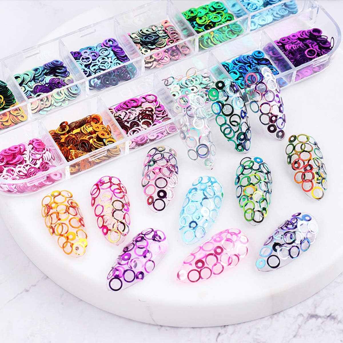 12 Colors Laser Circle Nail Glitter Sequins 3D Nail Art Decor Holographic Round Shape Flakes Nail Shiny Design Acrylic Nails Supplies Women Girls Manicure Nail Charms Decor DIY Crafts Decorations