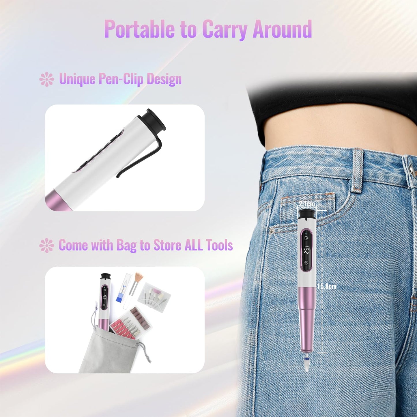 Nail Drill Cordless, Electric Nail File 12 in 1 with LED Display, Nail Drill Machine Professional Portable Rechargeable E File for Gel Acrylic Manicure Pedicure Set with 5 Speeds Purple
