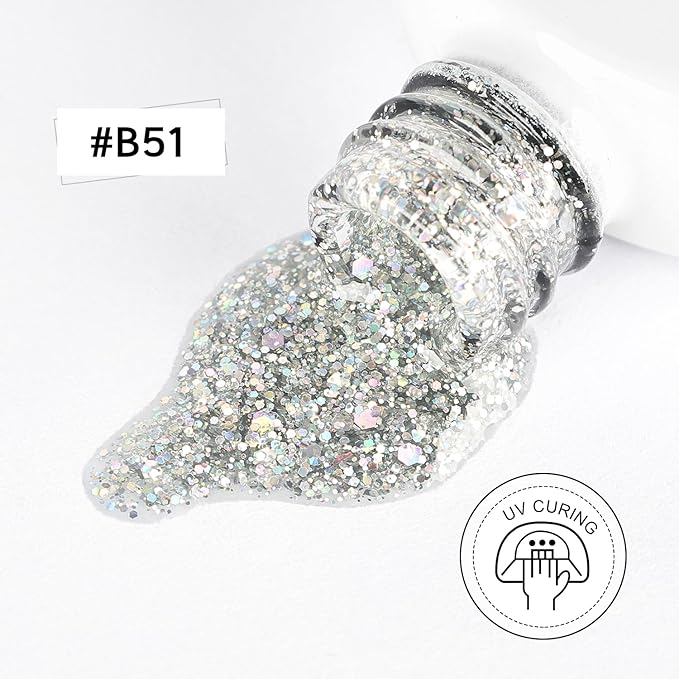JODSONE Silver Glitter Gel Nail Polish 10ml Soak Off LED Nail Polish Silver Nail Color Salon Quality Vegan & Cruelty-Free Low Odor Need U V Lamp Curing