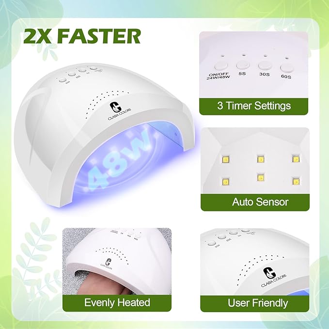 Clara Colors 64 Pcs Gel Nail Polish Kit with UV Light - 60 Colors All Seasons Soak Off Gel Polish Nail Set with Matte/Glossy Base Top Coat Manicure Tools All-In-One Gel Starter Kit Nails Art DIY