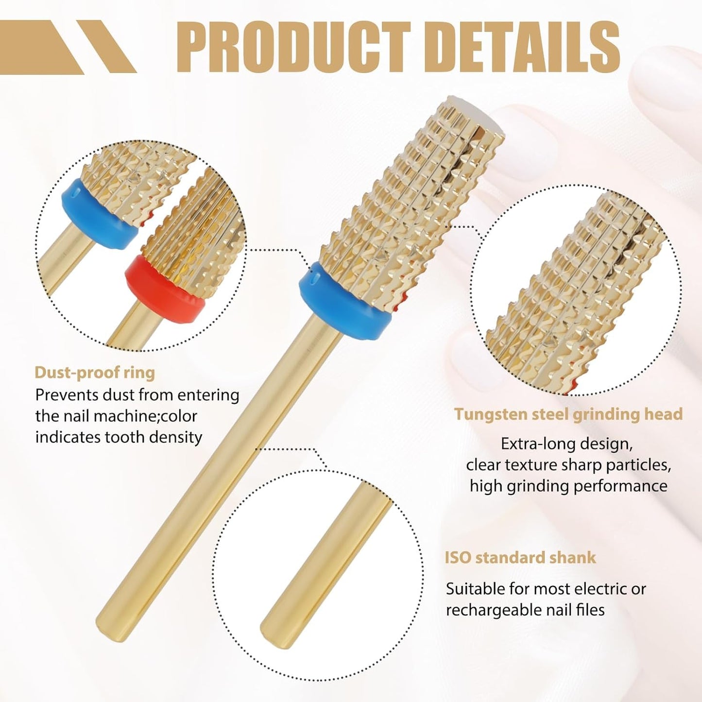 2 Pcs 3/32" 5 in 1 Professional Carbide Nail Drill Bits Sets with Case, 2 Pack Tungsten Safety Drill Bits Tech Cuticle Bit Fast Remove for Manicurist Nail Salon Manicure Pedicure Gel Polishing (Gold)