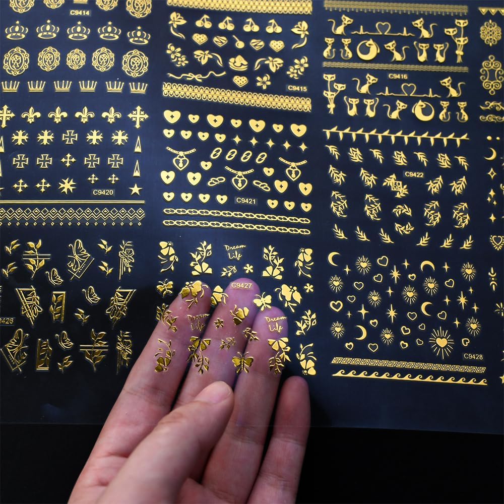 30 Sheets Gold Nail Art Stickers 3D Self-Adhesive Gold Lace Cat Flower Star Moon Heart Nail Decals 3D Gold Retro Hollow Nail Stickers Nail Art Design for Women DIY Acrylic Nails Decoration