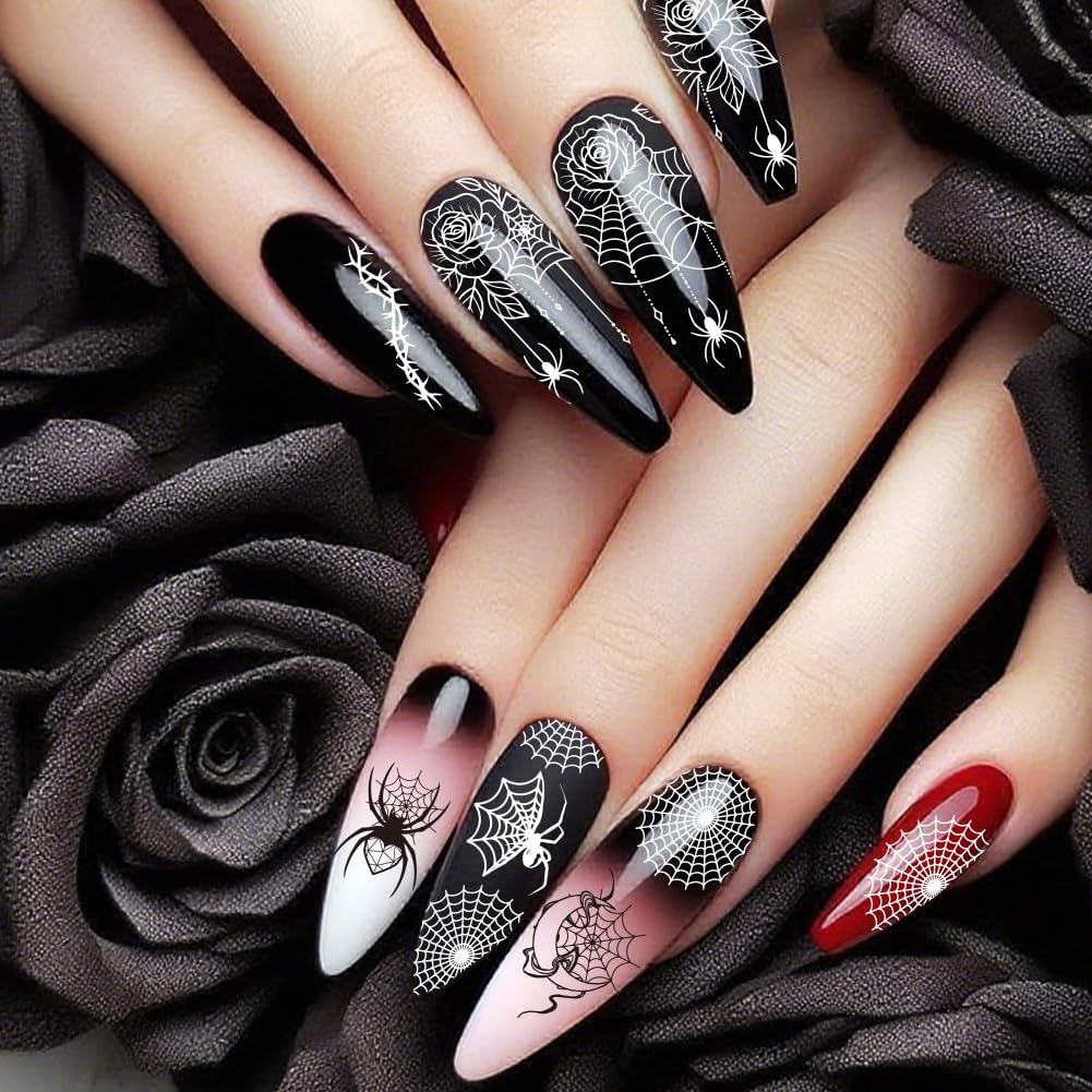 PH PandaHall 3pcs Spider Web Nail Stamping Plates Halloween Nail Art Plates Gothic Skull Nails Image Plates Spooky Cobwebs Patterns Manicure Art Templates for DIY Print Manicures Salon Design