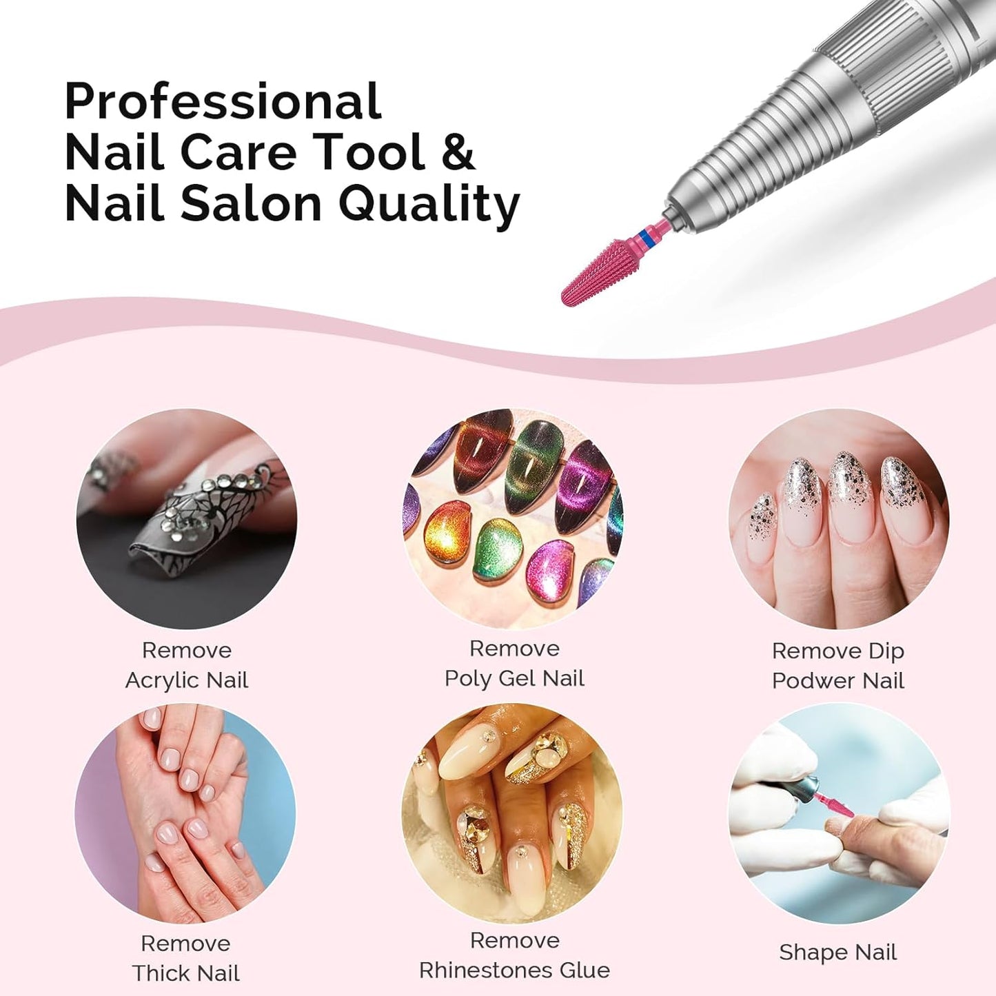 MelodySusie Professional Tornado Nail Drill Bits, 3/32'' Carbide Tungsten Multi-function Bits, Suitable for Manicure Pedicure Cuticle Gel Polishing, Salon Bits, Pink Blossom, Series Bit-X, Medium