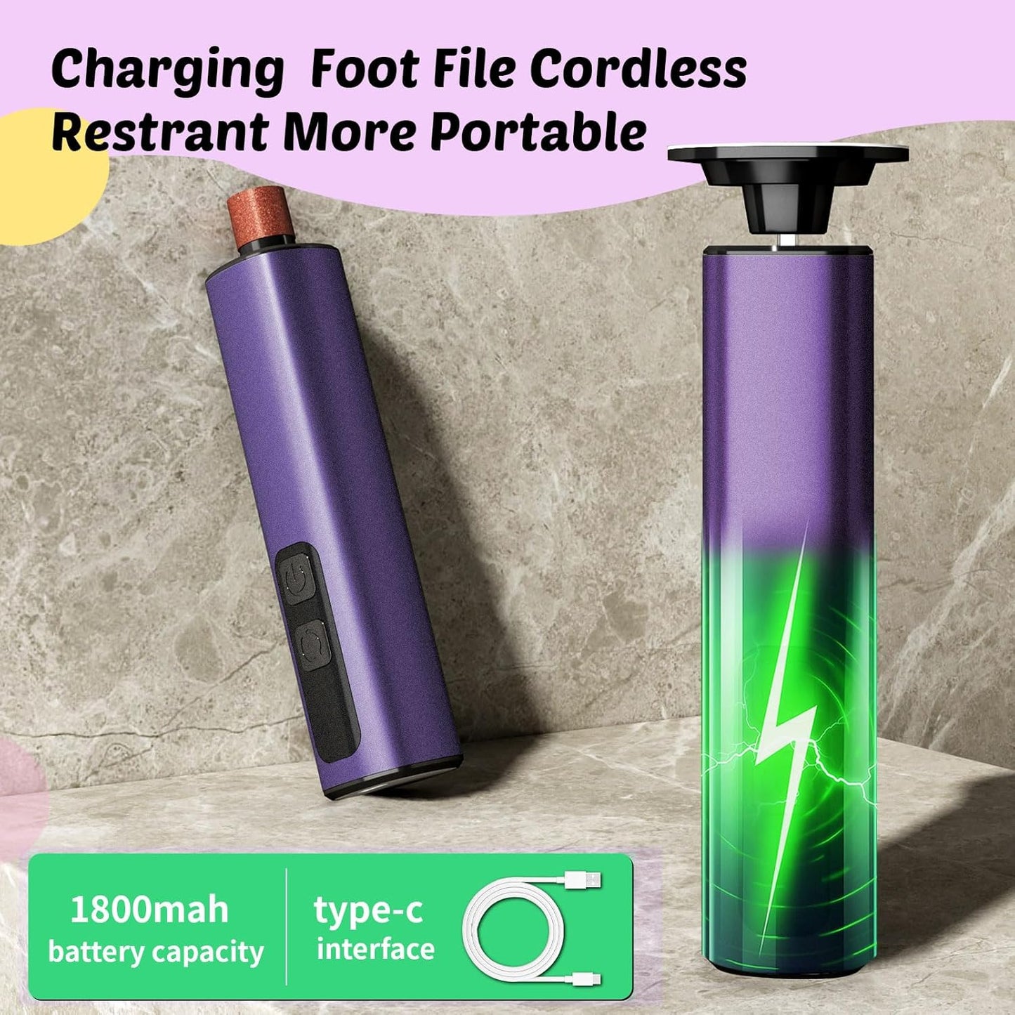 Electric Foot Callus Remover & Nail File - Electric Callus Remover for Feet, 9 Adjustable Speeds, 1800mAh Rechargeable, Portable Aluminum Body w/Type-C Charging for Home & Travel (Purple)
