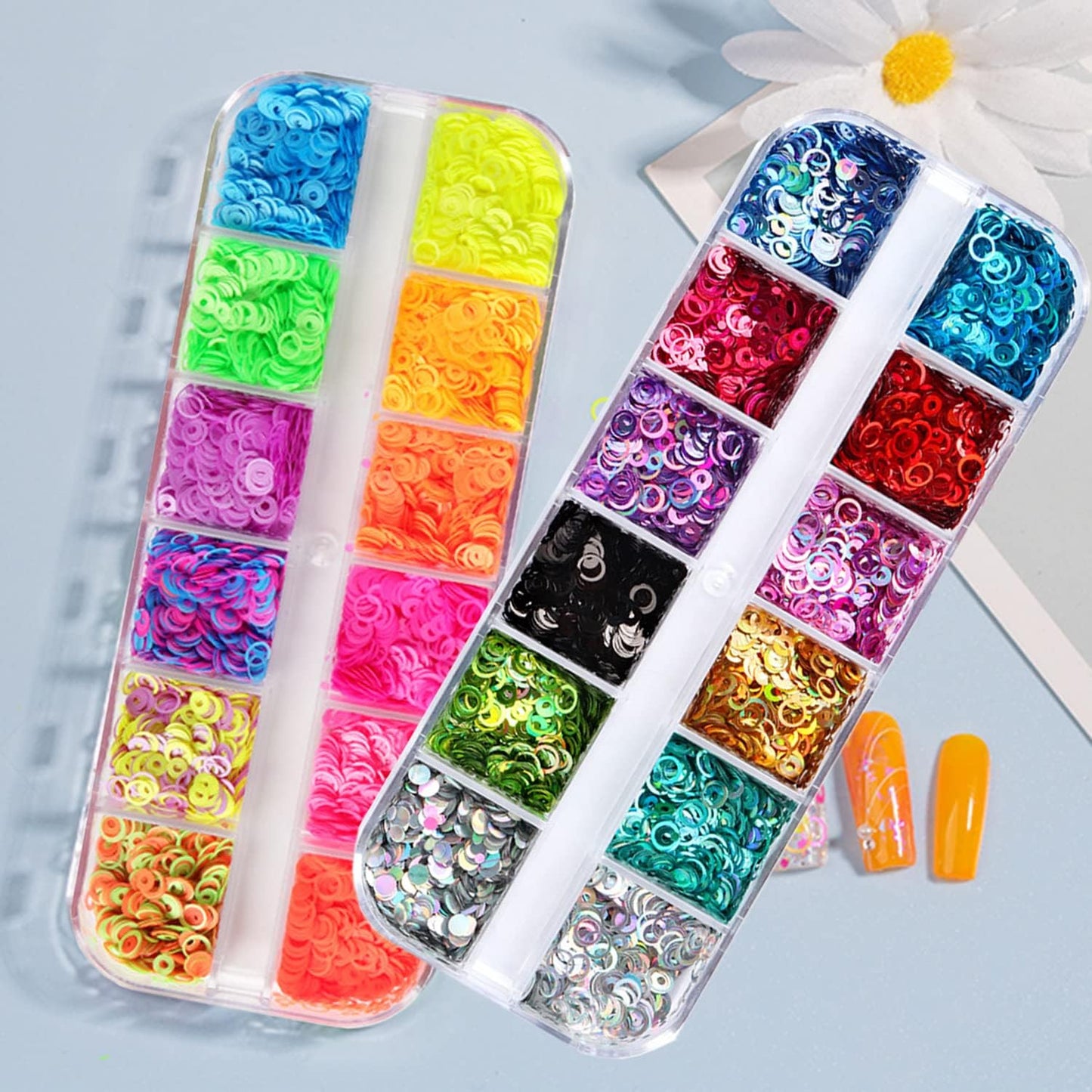 Circle Glitter Nail Art Sequins, 3D Hollow Circle Shape Glitters Flakes, Holographic Fluorescent Laser Shiny Round Nail Supplies for Women Girls Manicure Charms Decorations DIY Resin Nail Art Tips