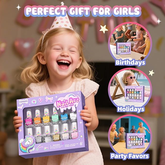 Tomons Nail Polish Set for Kids , 12 Colors Non-Toxic Water-Based Quick-Dry & Peel-Off DIY Nail Art Kit for Girls Ages 6+, Gifts for Halloween, Christmas, Birthday or Parties
