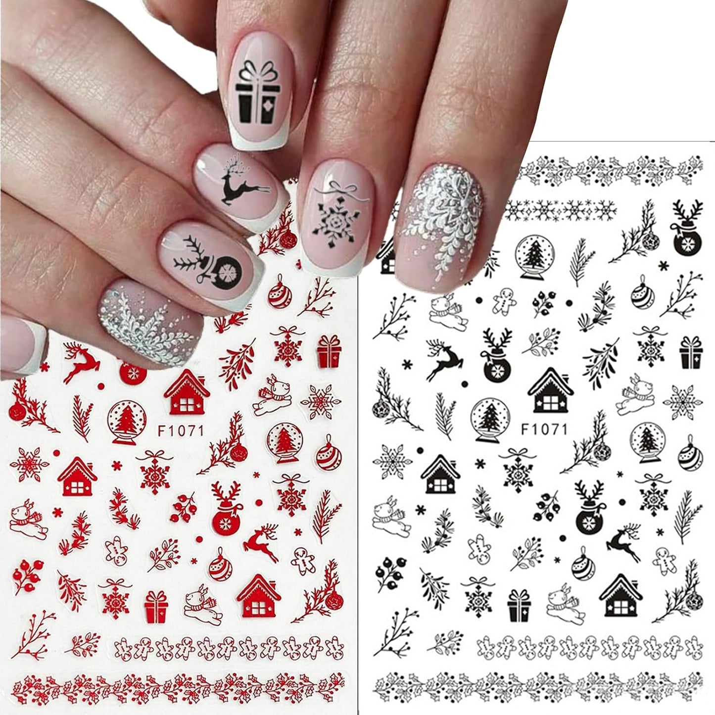 6 Sheets Christmas Nail Art Stickers 3D Self-Adhesive Pegatinas Uñas Navidad Holiday Red black Snowflake Elk Snowmen Xmas Tree Design Winter Supplies Nail DIY Christmas Nail Decoration for Women Girls