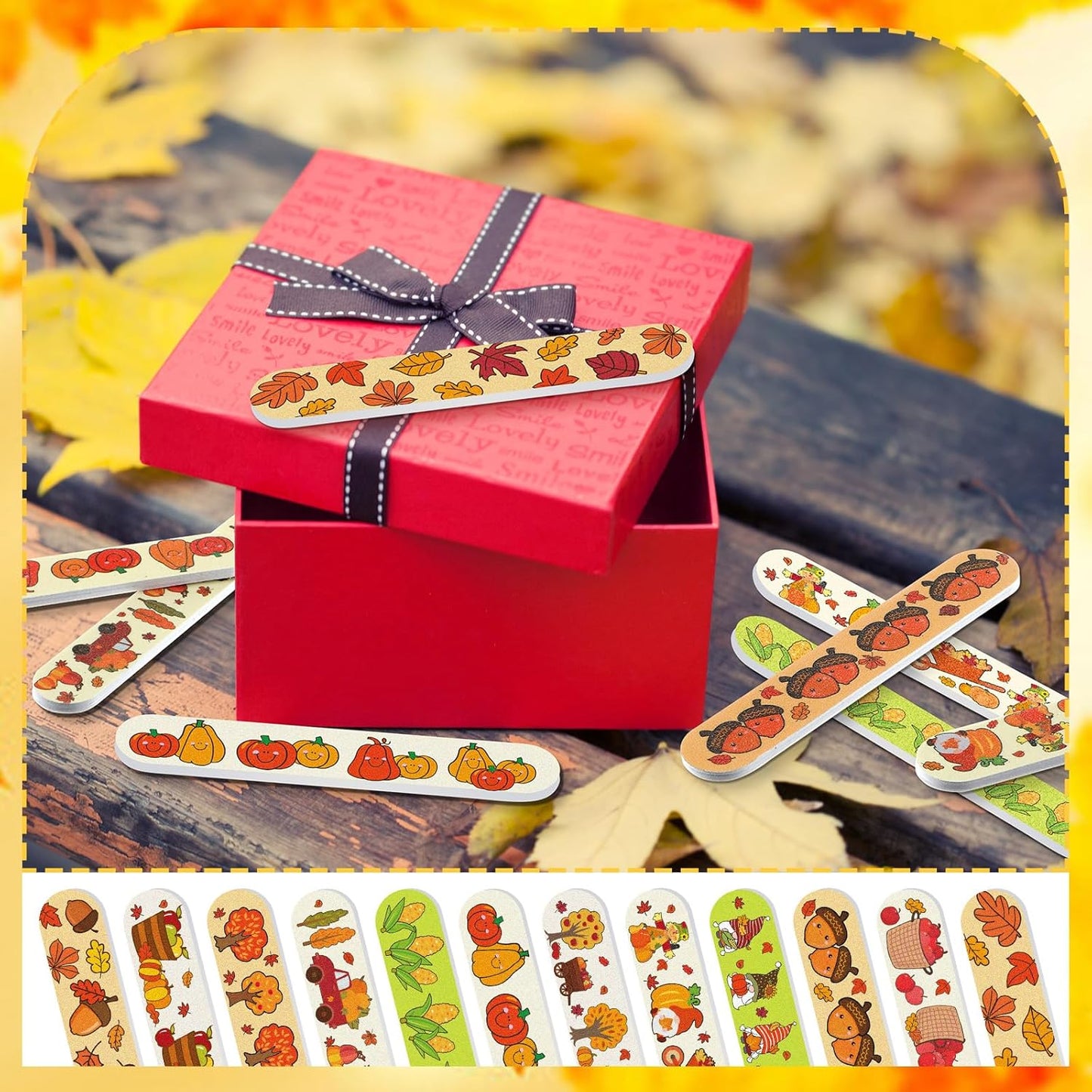 Gisafai 48 Pcs Fall Nail File Emery Board Gift Set Double Sided Nail Files Bulk Mini Thanksgiving Harvest Pumpkin Emery Board Manicure Tool for Autumn Natural Acrylic Nails Thanksgiving Party Supplies
