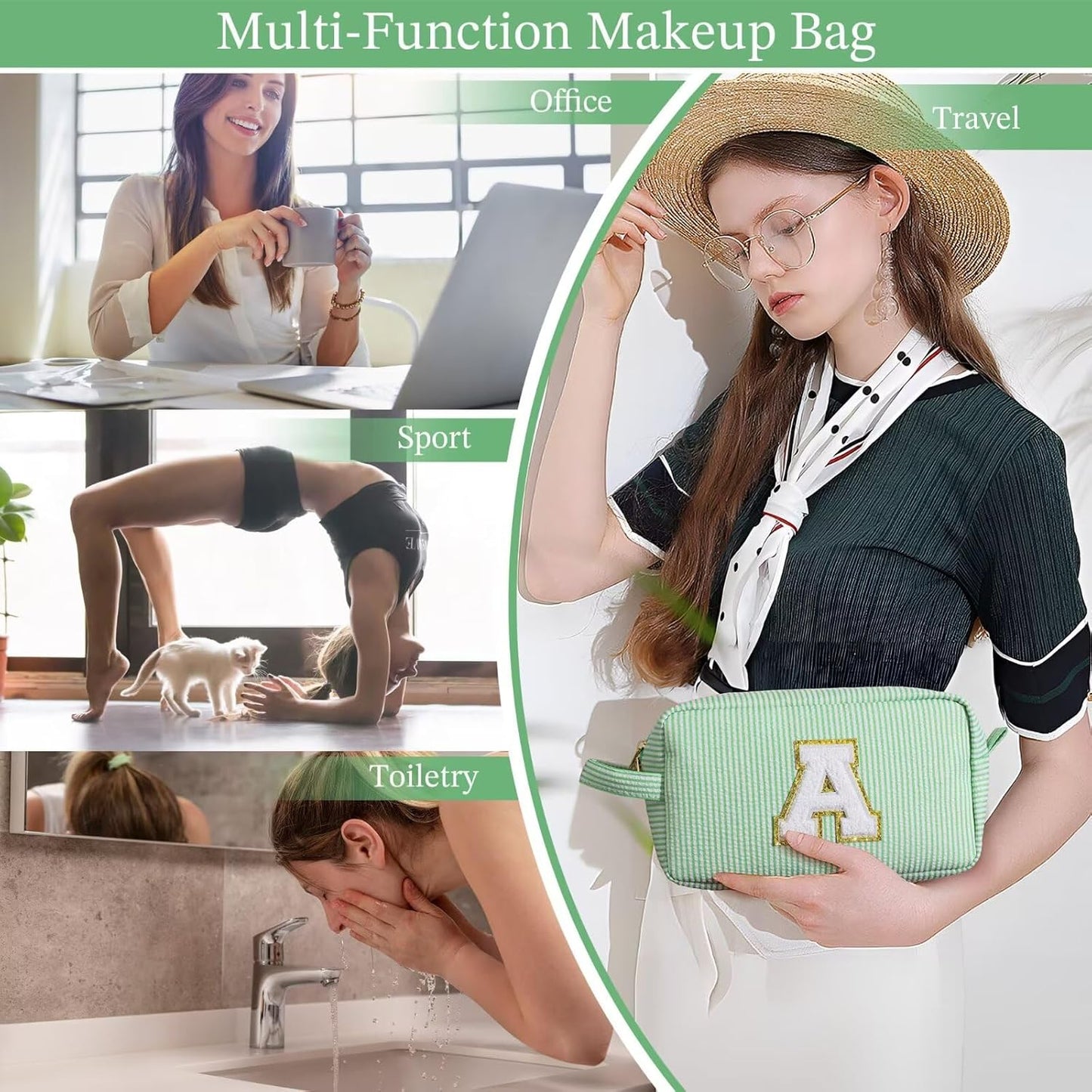 YOOLIFE Initial Monogram Makeup Bag - Personalized Green Initial, Travel Toiletry Pouch, Cute Cosmetic Case