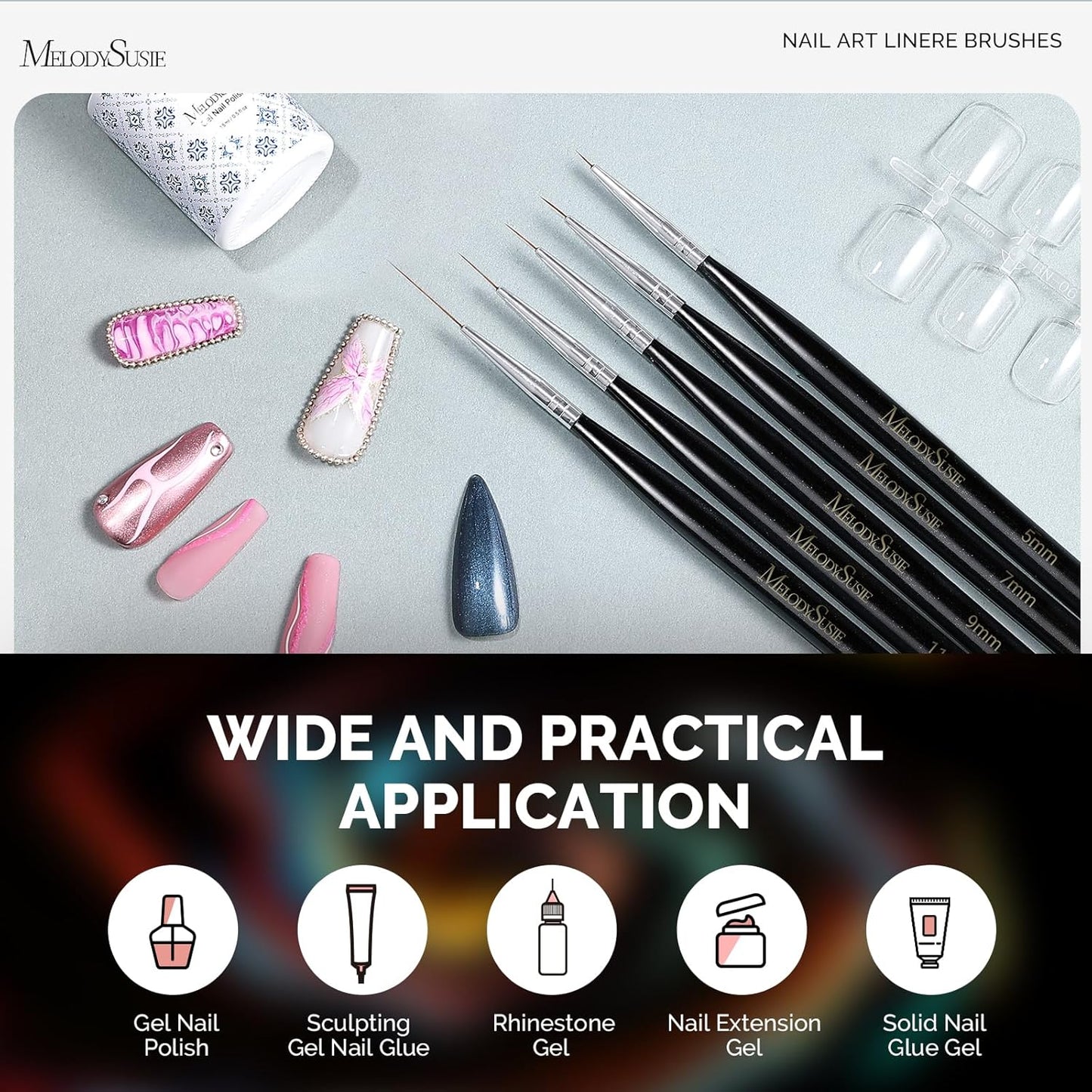 MelodySusie Nail Art Liner Brushes 5Pcs Professional Gel Polish Painting Art Design Pen Set for Thin Long Lines, Tiny Details, Fine Drawing, Delicate Coloring Sizes 5/7/9/11/20mm