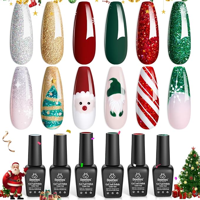 Beetles Christmas Gel Nail Polish, Red Sparkle Green Glitter Gold Silver Winter Gel Polish Dark Red Gel Polish Kits Soak Off Nail Lamp Uv LED Cured for Nail Art Design Gift for Women