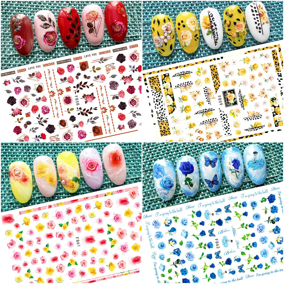 8 Sheets Flower Nail Art Stickers 3D Rose Nail Decals Self Adhesive Spring Summer Nail Charms Acrylic Nail Art Supplies Rose Floral Butterfly Nail Stickers for Women Girls DIY Nail Decorations