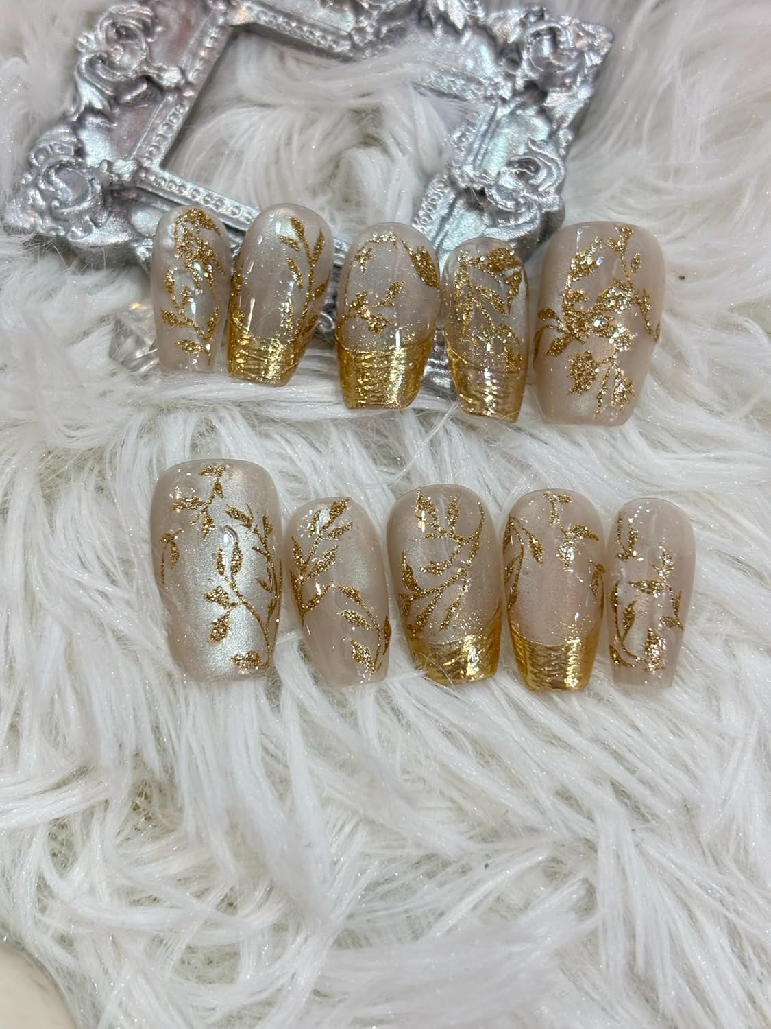 New Chinese Style Nail Stickers - Gold Foil Glitter Golden Branches Jade Leaves Design, Self-Adhesive Nail Art Decals A Set of 1 Sheets