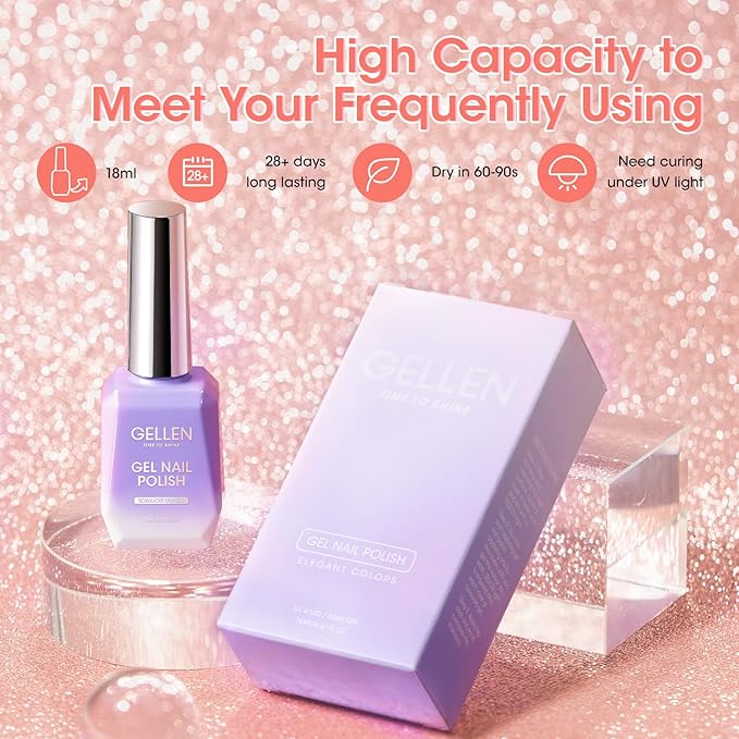 Gellen Natural Pink Gel Nail Polish, 18ml 1091 Glitter Pink Nail Gel Polish U V Light Cure Soak Off Gel for Spring Summer Daily Use at Home Manicure