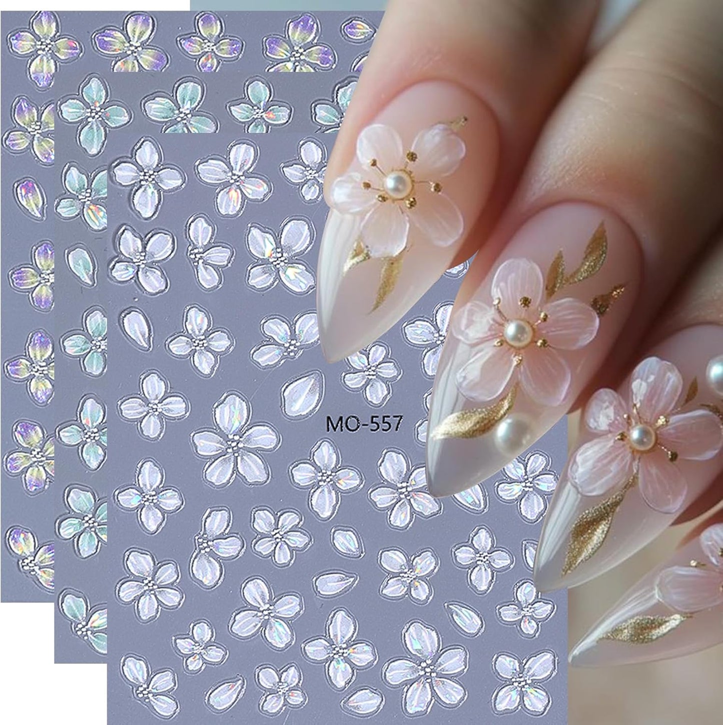 Acrylic Flowers for Nail Stickers - 12PCS 5D Embossed Petal Floral Nail Art Decals Aurora Shell Shinny Lily Hibiscus Sticker Tropical Summer Designs DIY Nail Art Supplies for Women Girls