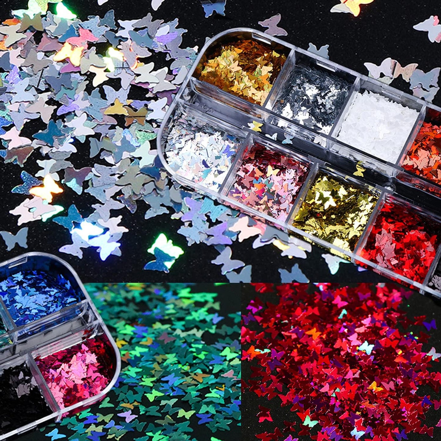 12 Colors Butterfly Nail Art Stickers Butterflies Nail Glitter Sequins 3D Art Accessories Butterfly Shape Flakes Powder Holographic Gold Red Pink Butterflies Sequins Design Acrylic Nails Supply Kit
