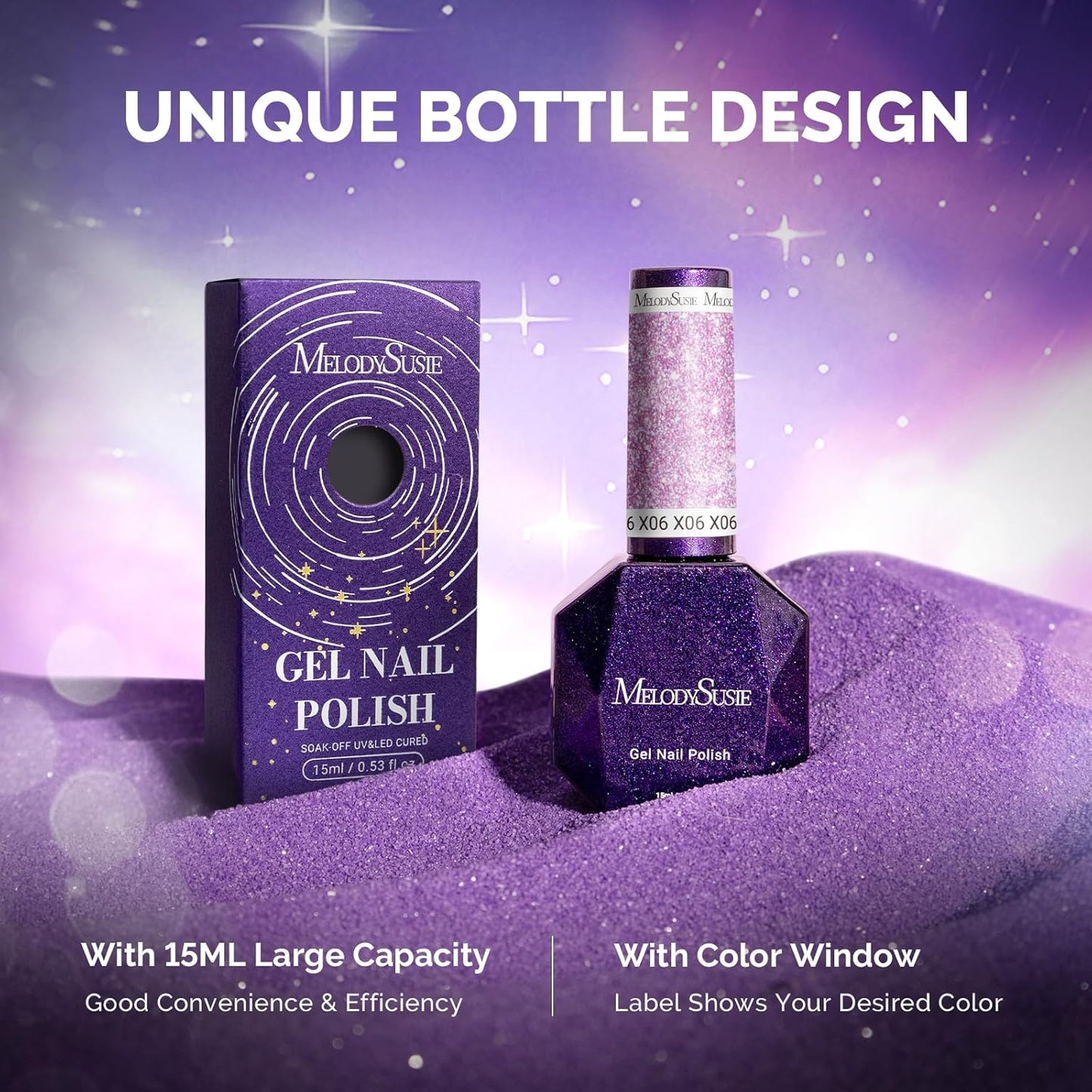 MelodySusie Galaliver Glitter Gel Nail Polish, 15ML Sparkly Shimmer Gel Polish Soak Off UV LED Cured Long Lasting Gift for Women DIY Nail Design Nail Art Manicure Free Purple X06