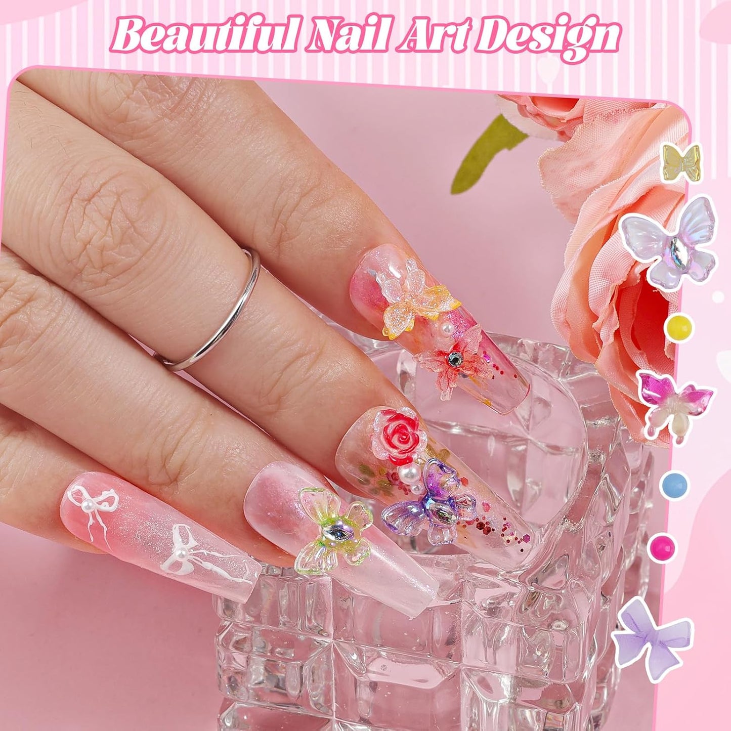 300Pcs Assorted Butterfly Nail Charms Kit, 100Pcs 3D Nail Butterfly Charms and 100Pcs Pearls with 100Pcs Macaron Beads, Colorful Butterflies Tiny Gems Round Beads for Women Manicure Craft DIY