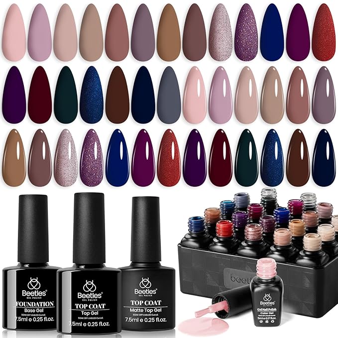 Beetles Gel Nail Polish Set Manhattan Collection 20 Colors Burgundy Red Brown Gold Champagne Glitter Fall Gel Polish Soak Off UV Glossy & Matte Top Base Coat Manhattan Collection Gifts for Women