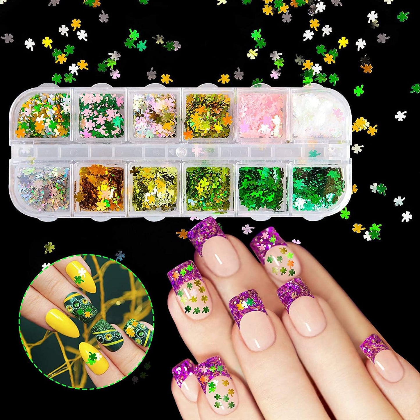 St. Patrick's Day Nail Art Glitters Green Clover Flakes Nail Sequins 3D Shamrocks Nail Art Glitter Design Holographic Leaf Sequin Nails Supplies Shine Lucky Nail Art Stickers Decorations DIY Crafts