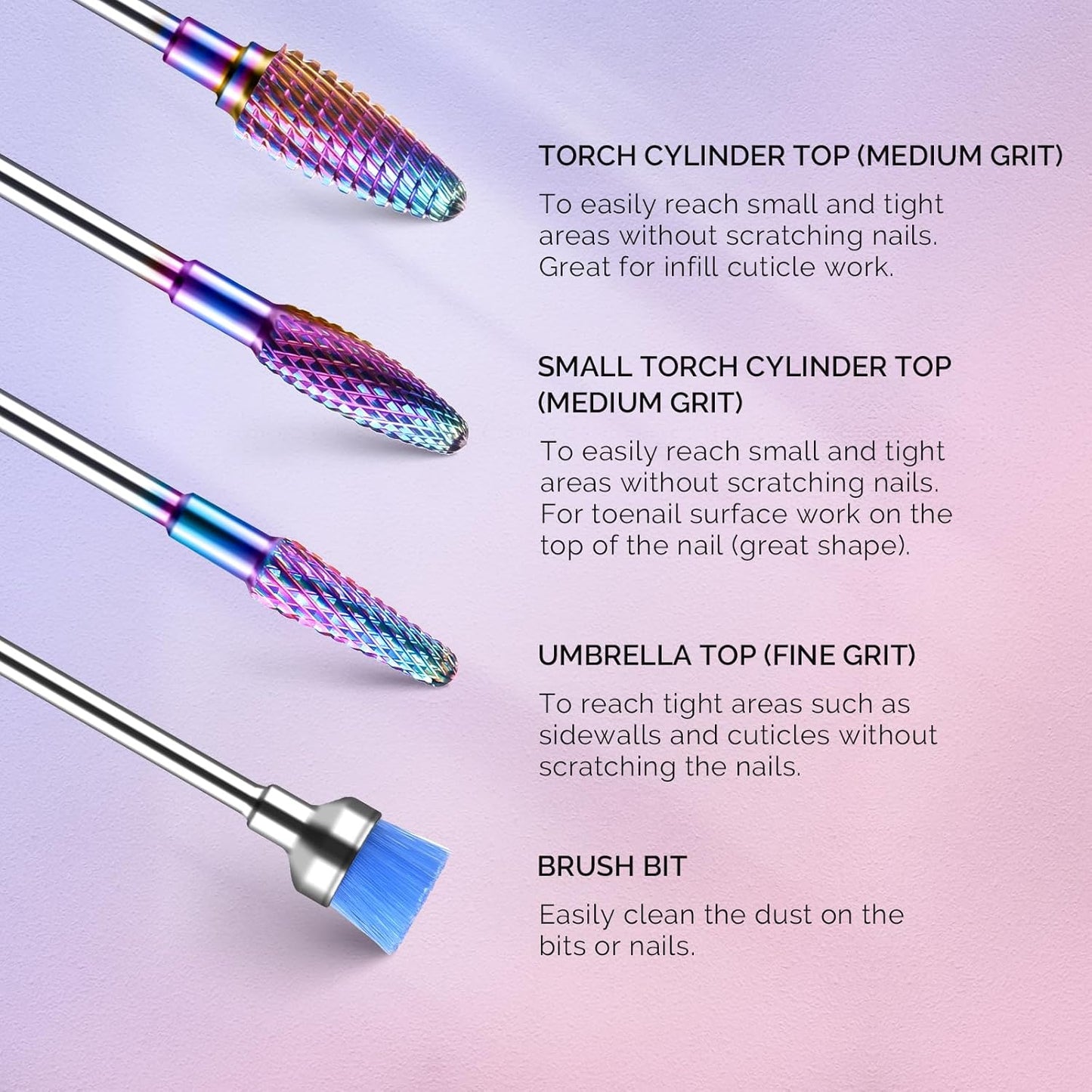 MelodySusie Nail Drill Bits Set, 7pcs Tungsten Carbide Diamond Nail Drill Bits for Acrylic Nails Poly Gel Cuticle Remove, 3/32'' Professional Nail Bits for Nail Drill Efile (A-Colorful)