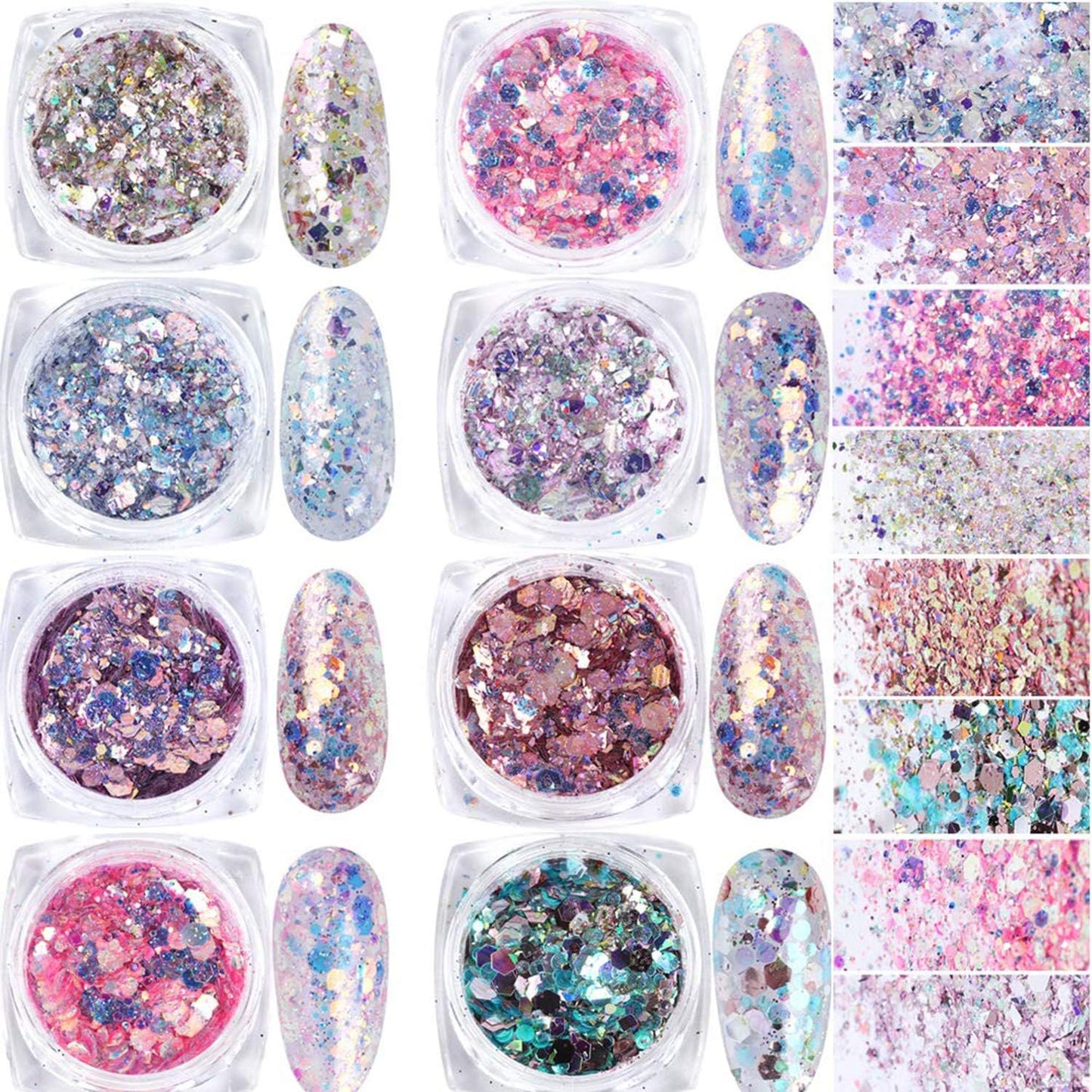 Holographic Nail Glitter Flakes Nails Supply Mermaid Powder Nail Art Decorations Shiny 3D Nail Sequins DIY Manicure Charms Design Acrylic Nails Supplies Glitter Nail Art Set (8 Boxes)