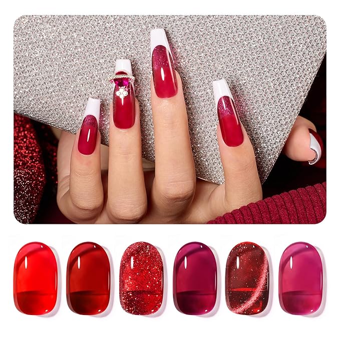 Beetles Red Gel Nail Polish Set, Winter Gel Polish 6 Colors Cat Eye Glitter Burgundy Bright Jelly with Magnet, Soak Off LED Lamp DIY Salon at Home Manicure Gifts for Women Red Revival