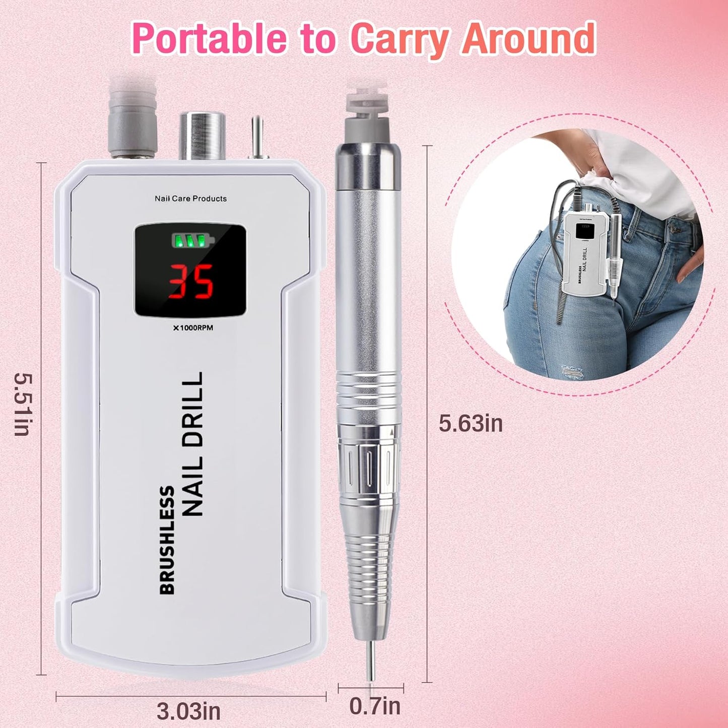 Nail Drill Professional, 35000RPM Brushless Nails Drill Machine, Rechargeable Nail Efile Drill Cordless Electric Nail File for Acrylic Nails