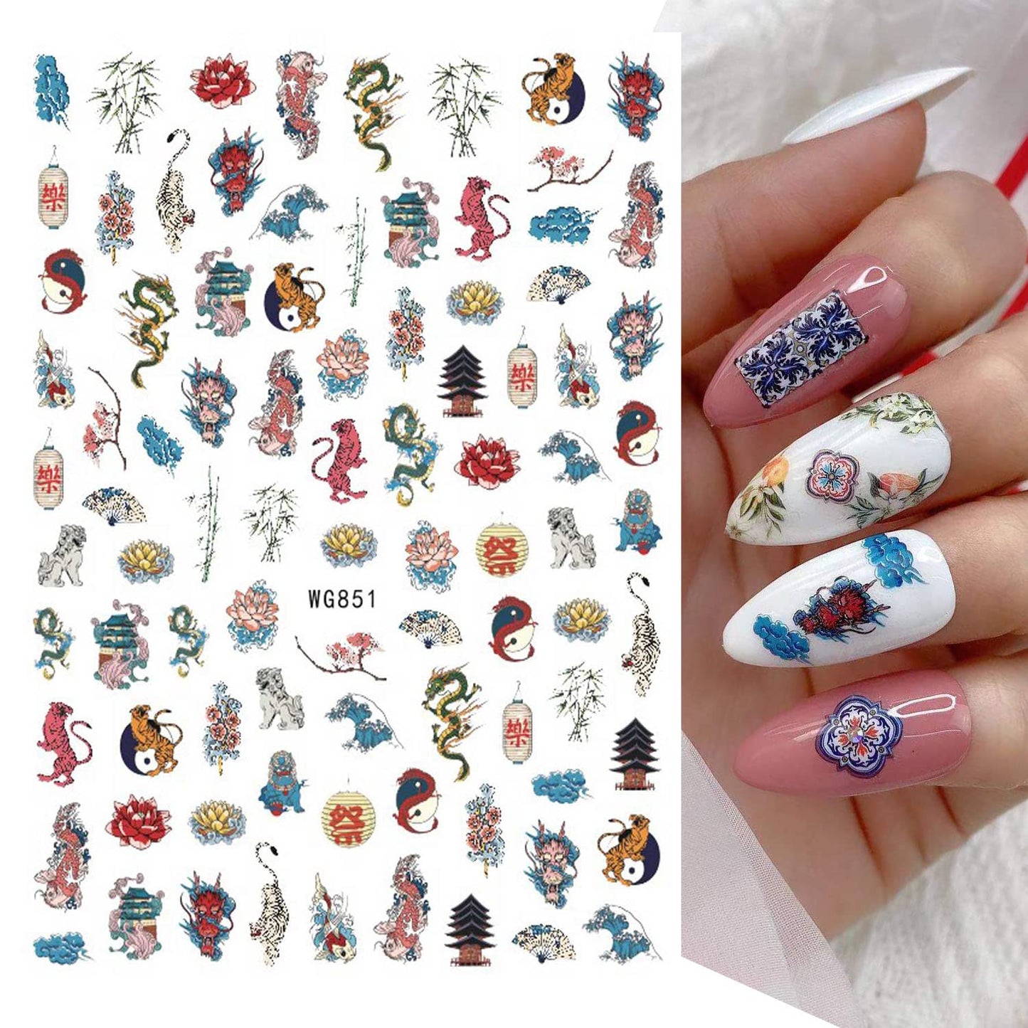 8 Sheets Blue and White Porcelain Nail Art Stickers Decals Self-Adhesive Pegatinas para Uñas Retro Elements Tiger Lion Dragon Flowers Design Manicure Tips Nail Decoration for Women Girls