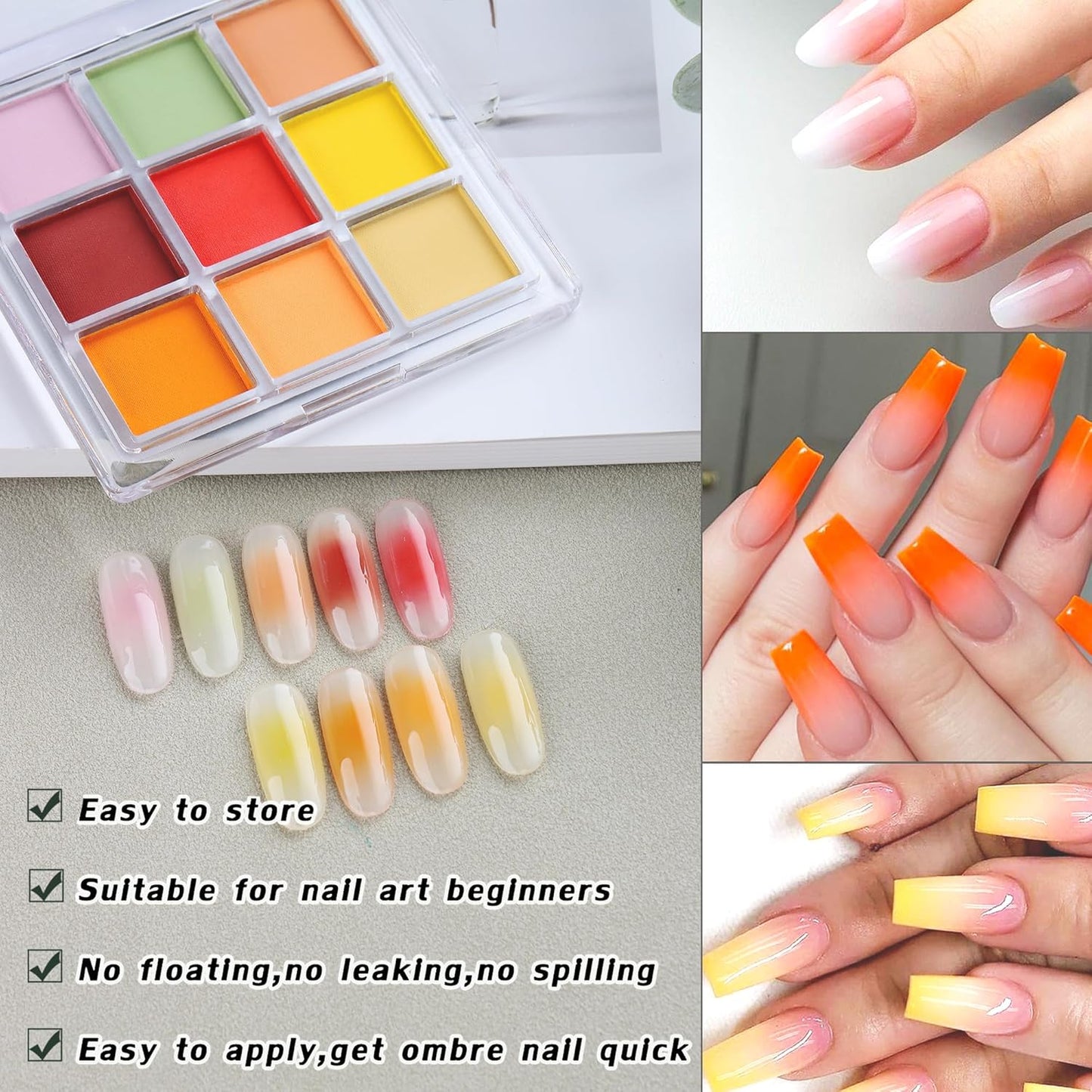 Nail Pigment Powder 9 Colors Nail Pigment Palette Gradient Ombre Color Nails Fine Solid Neon Powder for DIY Design Manicure Beginners -Includes 5 Sponge Sticks 1 Brush #10