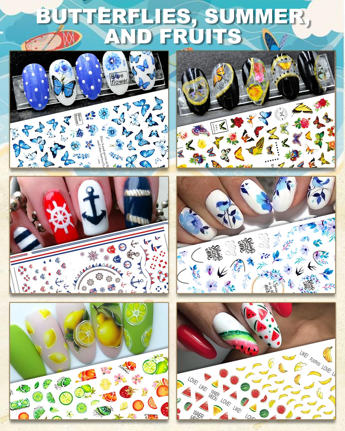 30 Sheets All Holiday Nail Art Stickers, Variety Pack Seasonal Nail Decals, Self-Adhesive Colorful Design for Daisy Flowers Butterflies Star Halloween Christmas