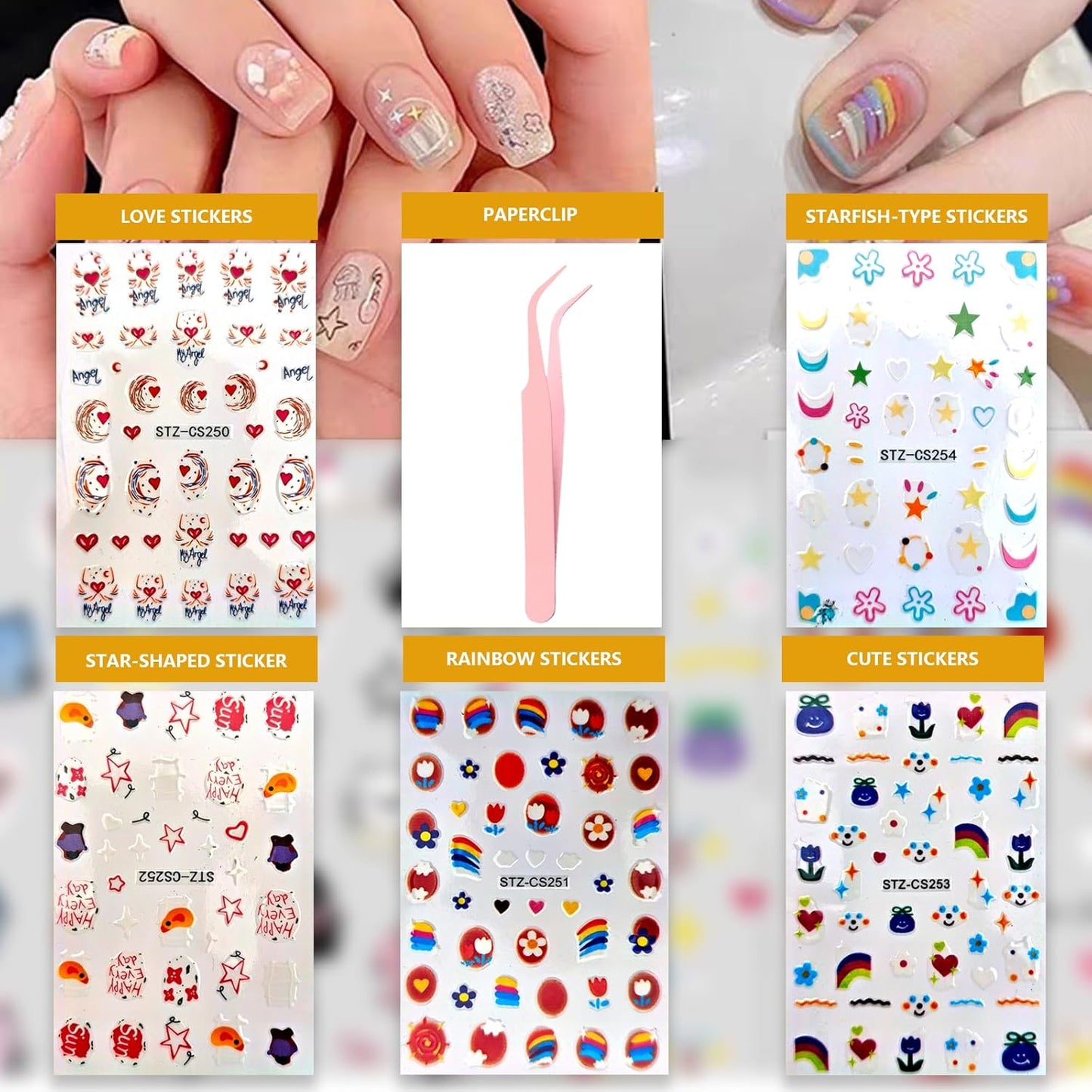 Flower Nail Art Stickers The Moon and The Stars Decals, Adhesive Nail Supplies Accessories 3D Flower Stickers for Women DIY Decoration (5 PS + one Clip)