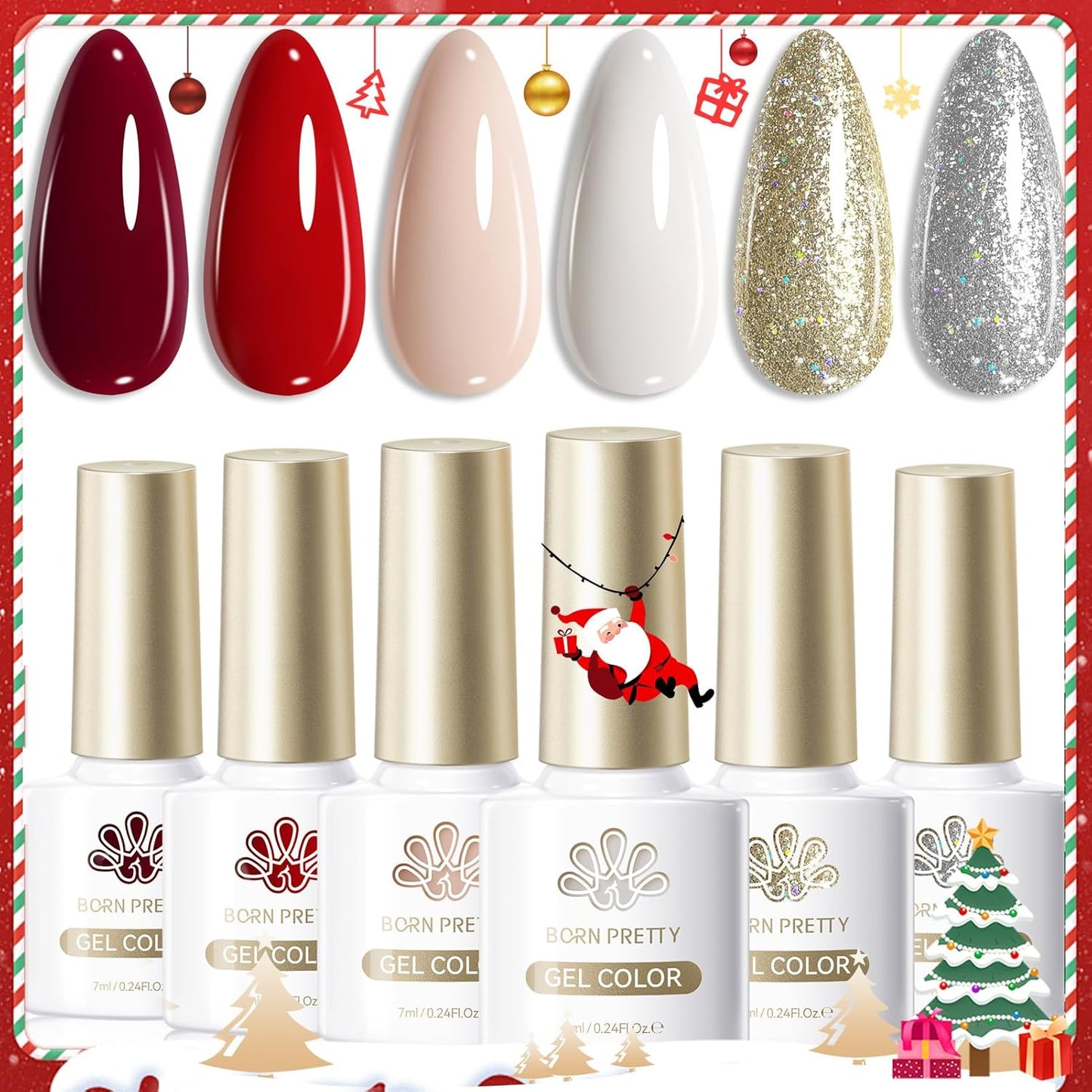 Born Pretty Christmas Red Gel Nail Polish Set,6 Colors Christmas Burgundy Blood Red Glitter Snowflake White Gold Silver Sparkle Nail Gel Kit Soak Off U V Nail Gel Polish Nail Art Home Diy Manicure