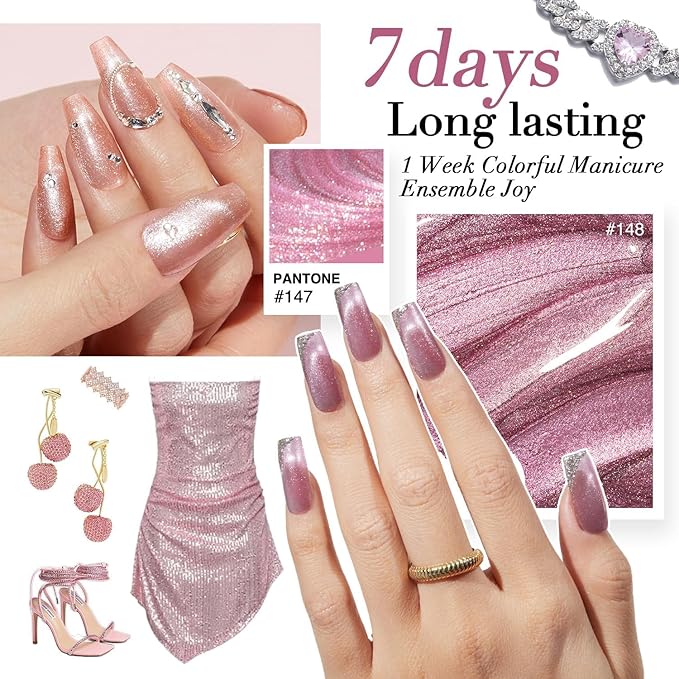 AZUREBEAUTY Cat Eye Nail Polish Set Quick Dry Nude Purple Glitter 2 Colors Nail Lacquer Natural Shine DIY Salon Home Women Gifts 2Pcs 0.34oz