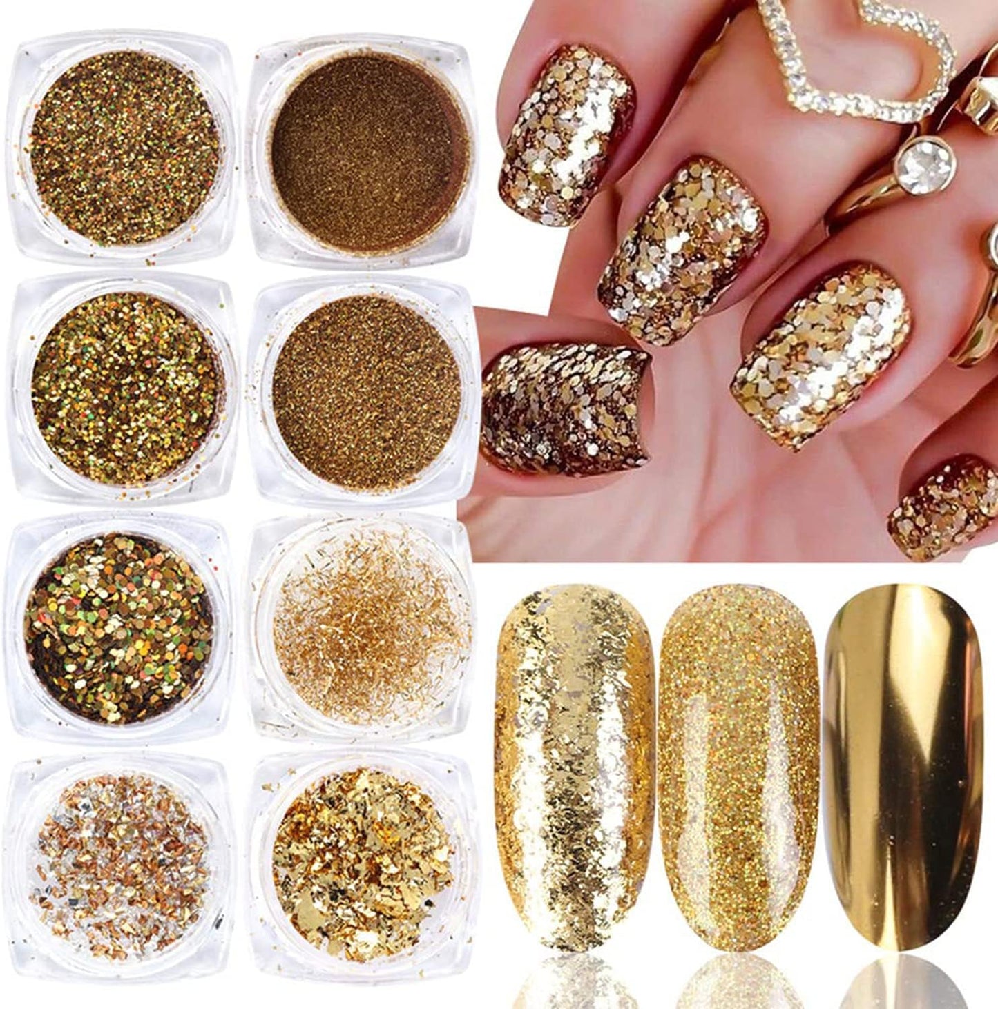 Holographic Gold Glitters Nail Art Sequins 3D Flakes Decoration for Women Girls Manicure Tips DIY Acrylic Nails Supplies Shining Design Accessories (8 Boxes)