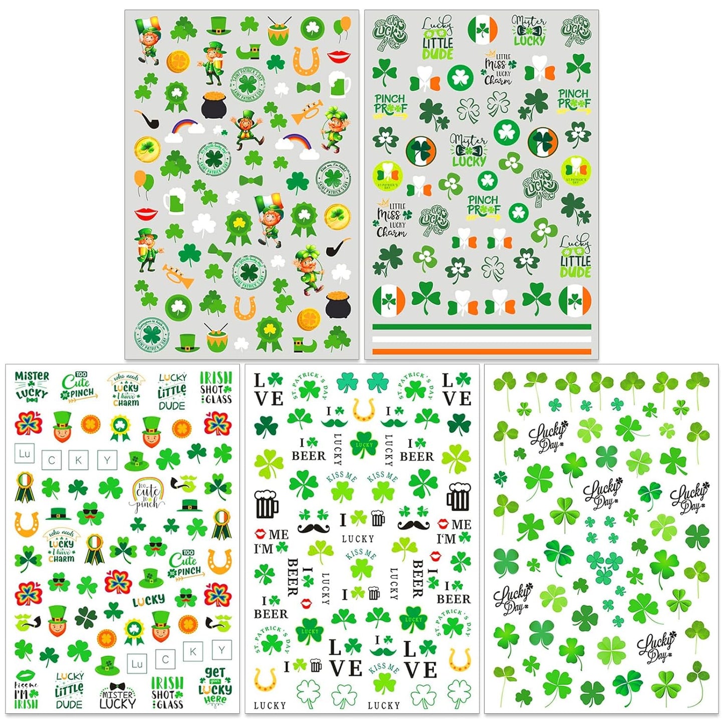 St. Patrick's Day Nail Art Stickers, Irish Shamrock Leprechaun Hat 3D Self-Adhesive Nail Decals Lucky Clover Design (5 Sheets)