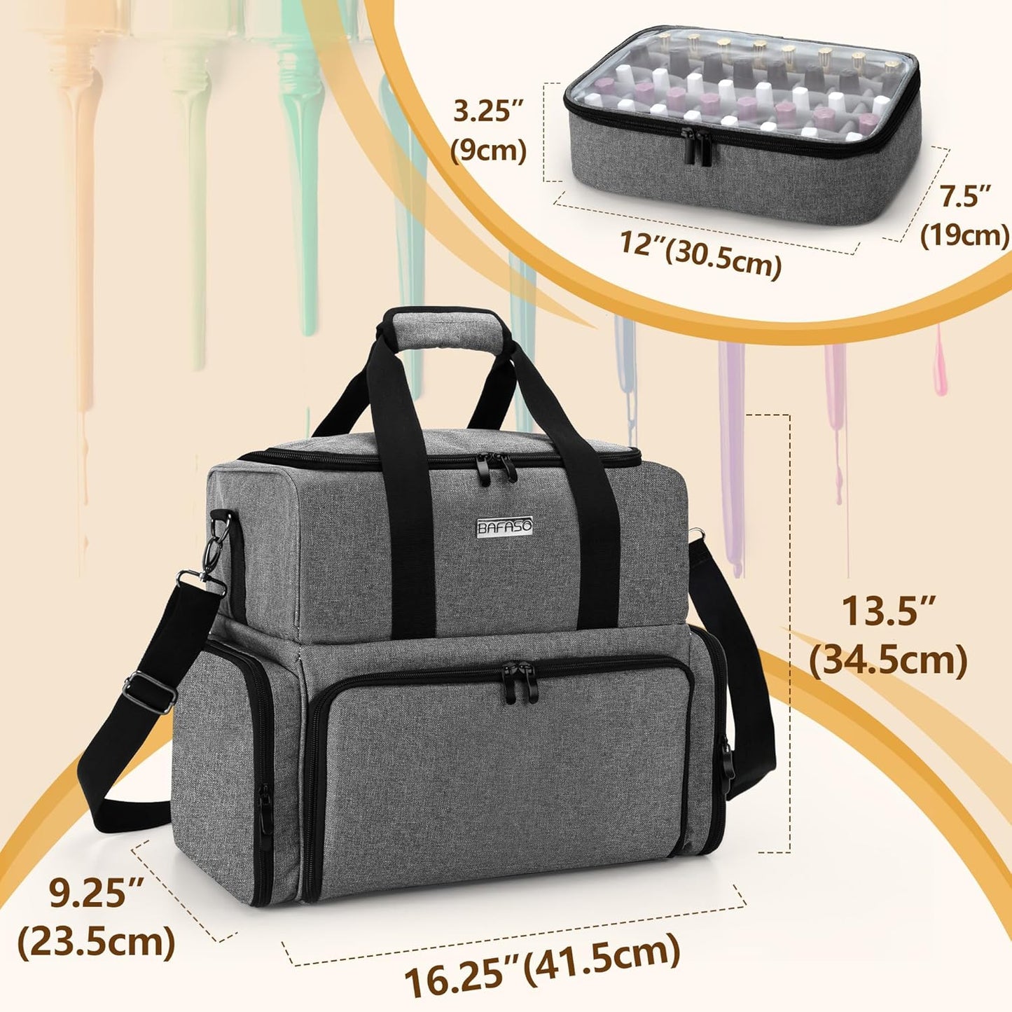 BAFASO Nail Polish Organizer Holds 80 Bottles (15ml - 0.5 fl.oz) and a UV Nail Lamp, Nail Polish Case with 2 Removable Pouches and Manicure Tools Storage Sections (Patented), Gray