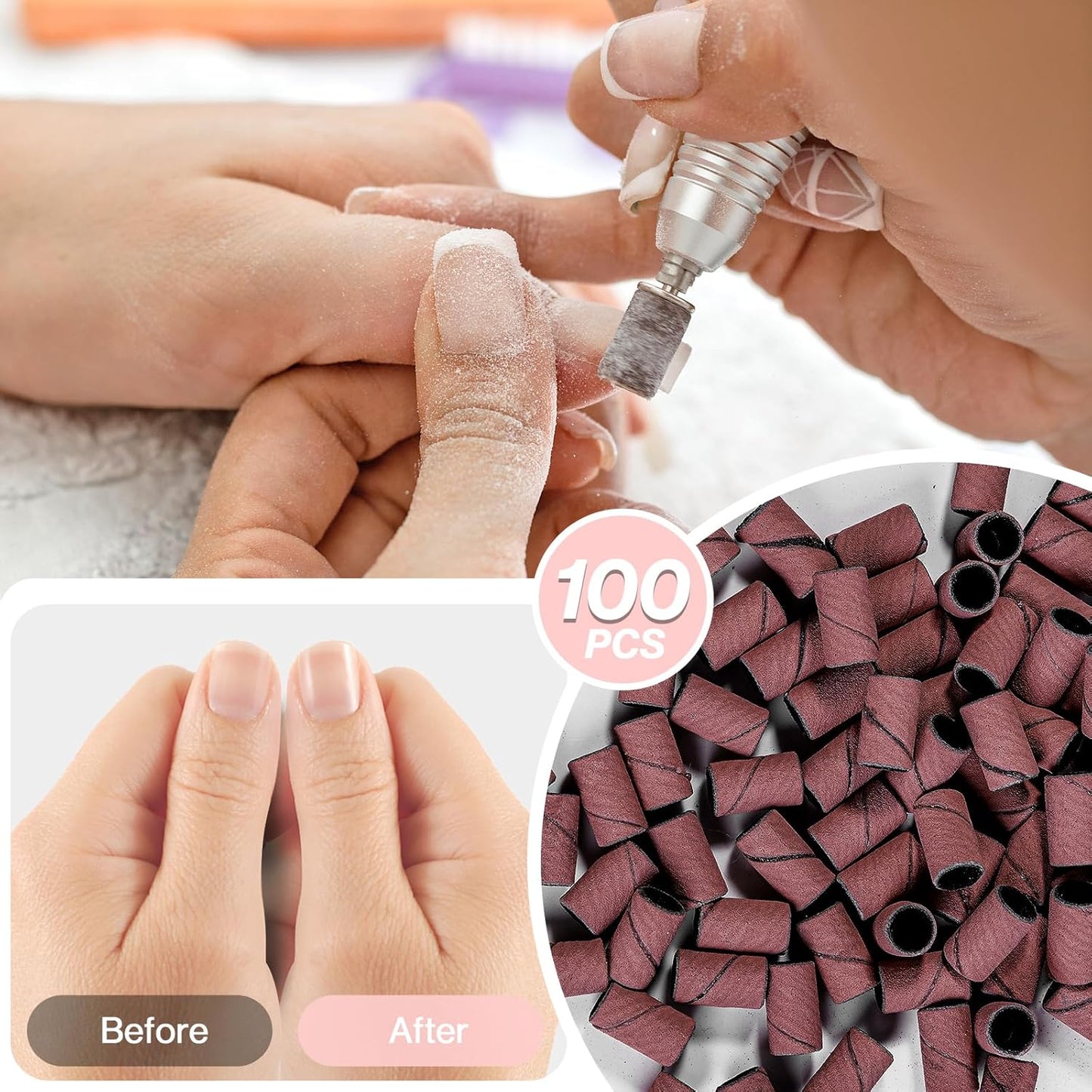 MelodySusie 100 Pcs Nail Drill Bits Sanding Bands for Nail Drill 150 Medium Grit Nail File Sanding Bands for Acrylic Nails Gel Manicures and Pedicure