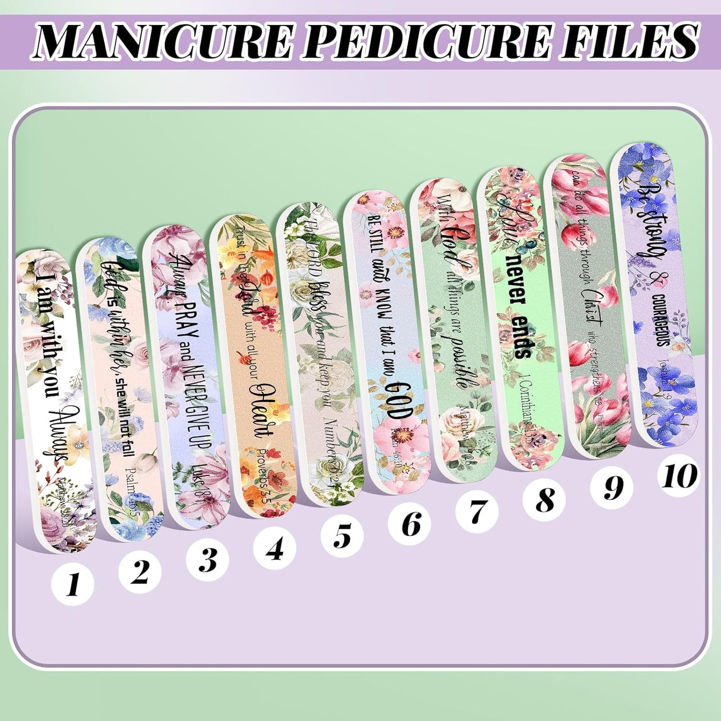 50 Pack Christian Gifts for Women Bulk Mini Bible Verse Scripture Nail Files Floral Emery Boards 10 Styles Christian Religious Appreciation Party Gifts for Team Employee Coworkers