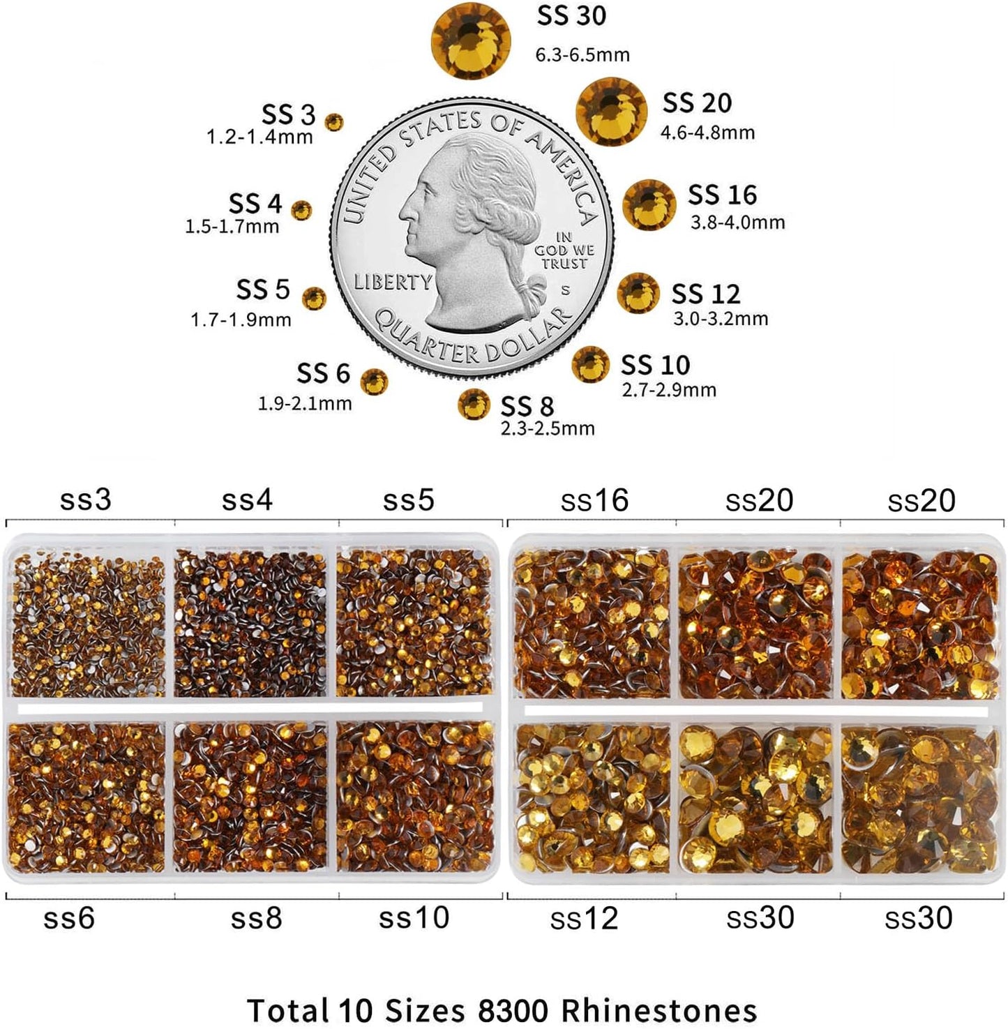 Beadsland 8300PCS Flatback Rhinestones, Topaz Rhinestone Nail Gems Round Crystal Rhinestones for Crafts, Mixed 10 Sizes with Wax Pencil and Tweezer Kit, SS3-SS30, Topaz