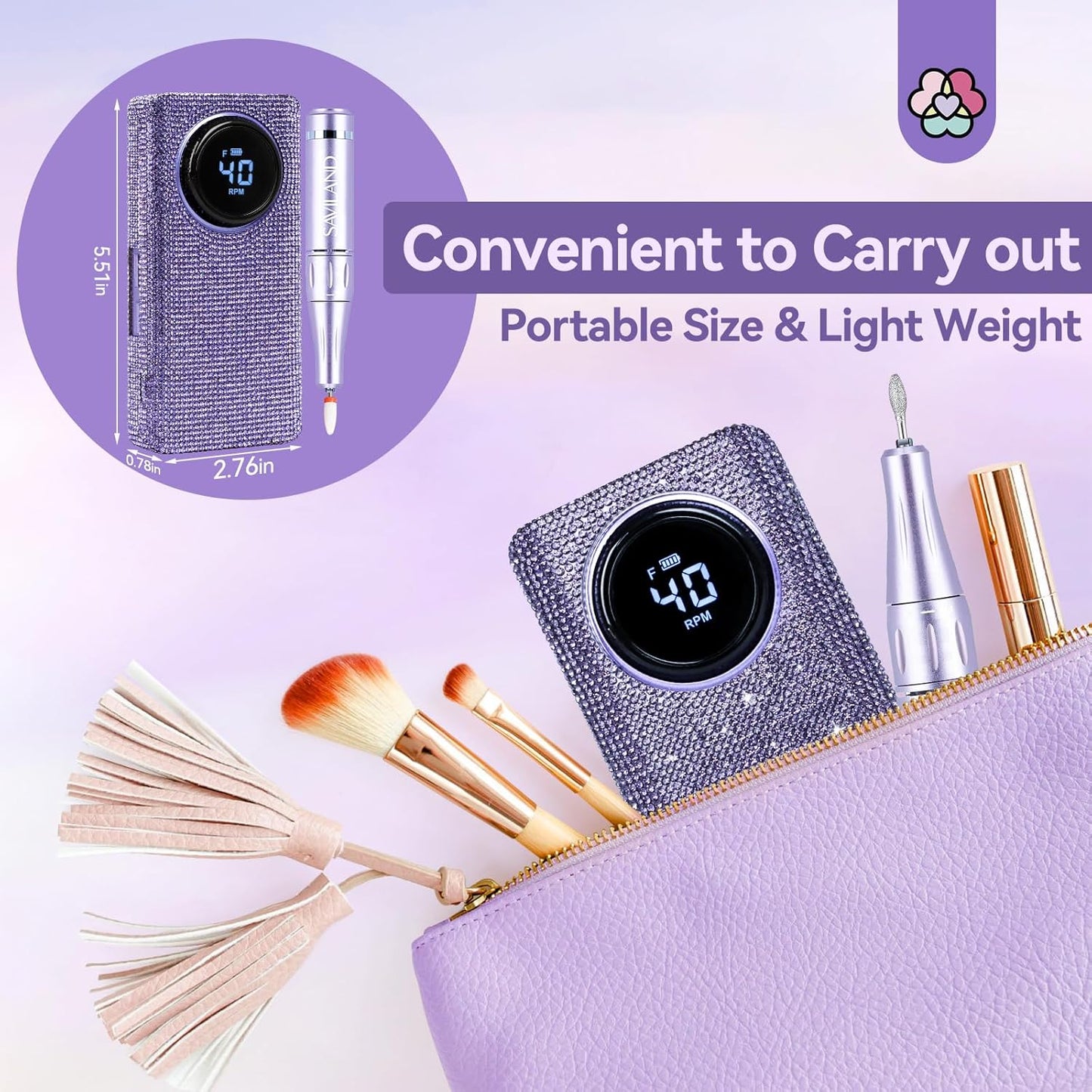 SAVILAND High Speed Nail Drill 40000 RMP: Diamond Shiny Electric Nail File 2600 mAh Rechargeable Nail Drill Kit for Thick Acrylic Nails Removal with Ceramic Drill Bits Sanding Bands Nail Tech Salon